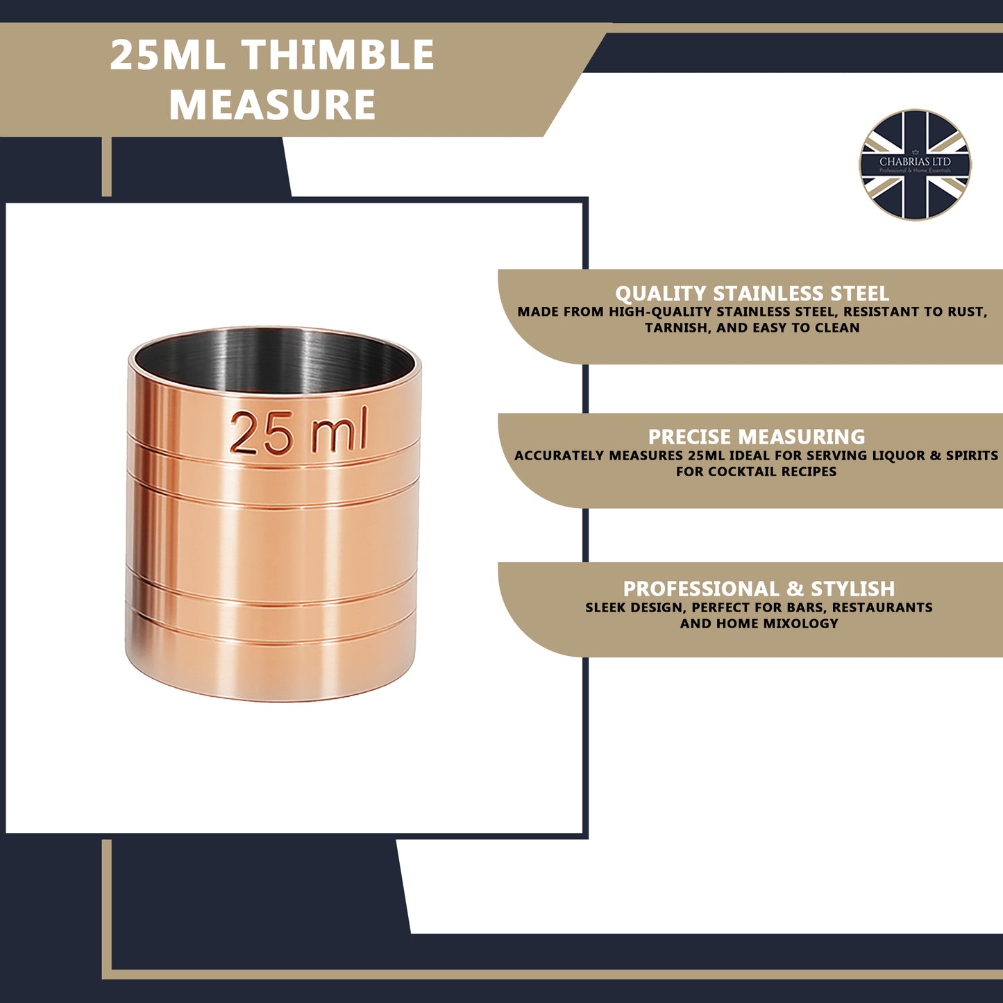 Stainless Steel 25ml Thimble Measure Copper Plated, Government Stamped - Premium Kitchen from Chabrias Ltd - Just £4.99! Shop now at Chabrias Ltd