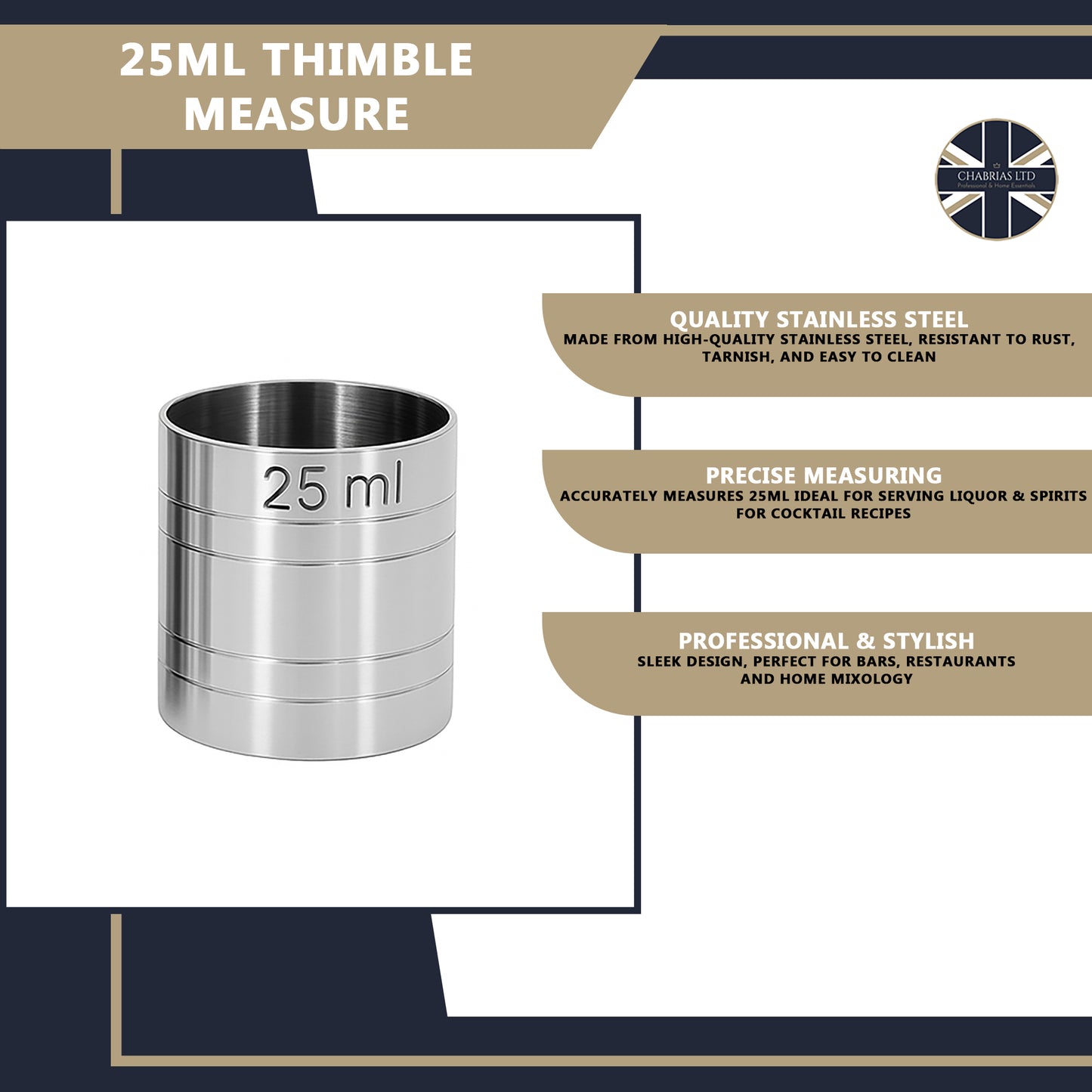 Stainless Steel 25ml Thimble Measure Government Stamped - Premium Kitchen from Chabrias Ltd - Just £4.99! Shop now at Chabrias Ltd