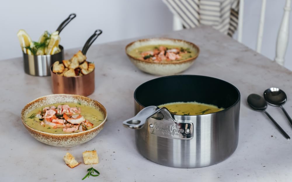 Samuel Groves Classic 18cm Non-Stick Stainless Steel Triply Saucepan with Lid UK Made - Premium Kitchen from Chabrias Ltd - Just £142.50! Shop now at Chabrias Ltd