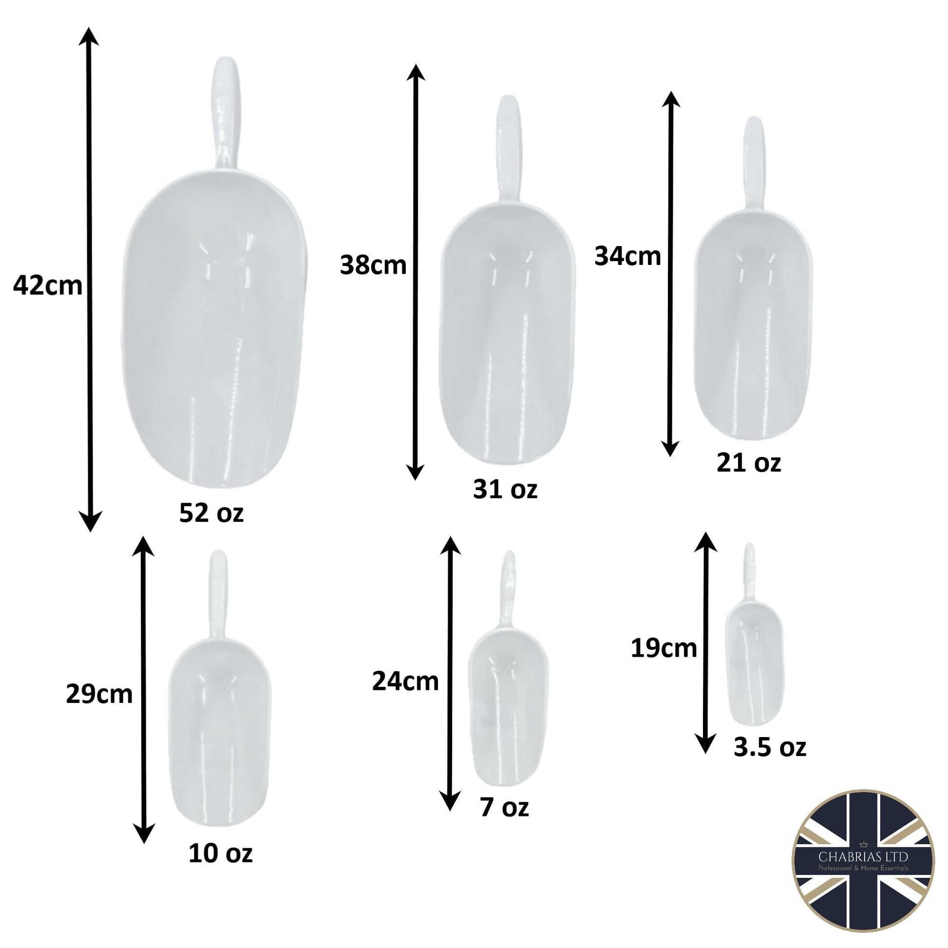 White PP Plastic Scoop - Multipurpose Measuring Scoop for Dry and Liquid Ingredients, Heavy Duty for Home, Commercial, and Industrial Use, Ice, Icecream, Flour, Sugar, Pet Food - Premium Kitchen from Chabrias Ltd - Just £4.74! Shop now at Chabrias Ltd