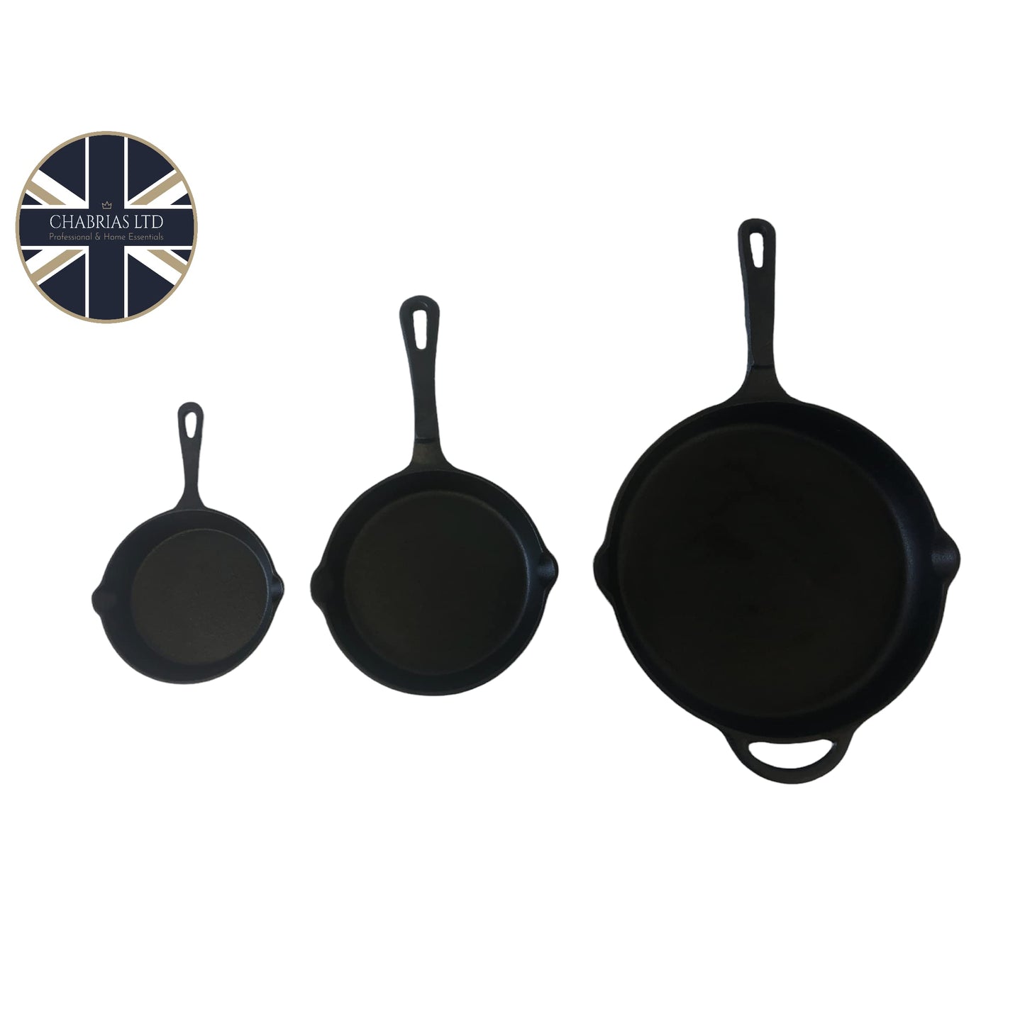 Chabrias 3 Pcs Cast Iron Cookware Set 12 Inch – 30.5cm, 8 Inch - 20.32cm and 6 Inch - 15.24cm Pre-Seasoned Skillet Frying Pans for Indoor and Outdoor– Safe Grill Skillet Pan Set - Premium Kitchen from Chabrias Ltd - Just £28.49! Shop now at Chabrias Ltd