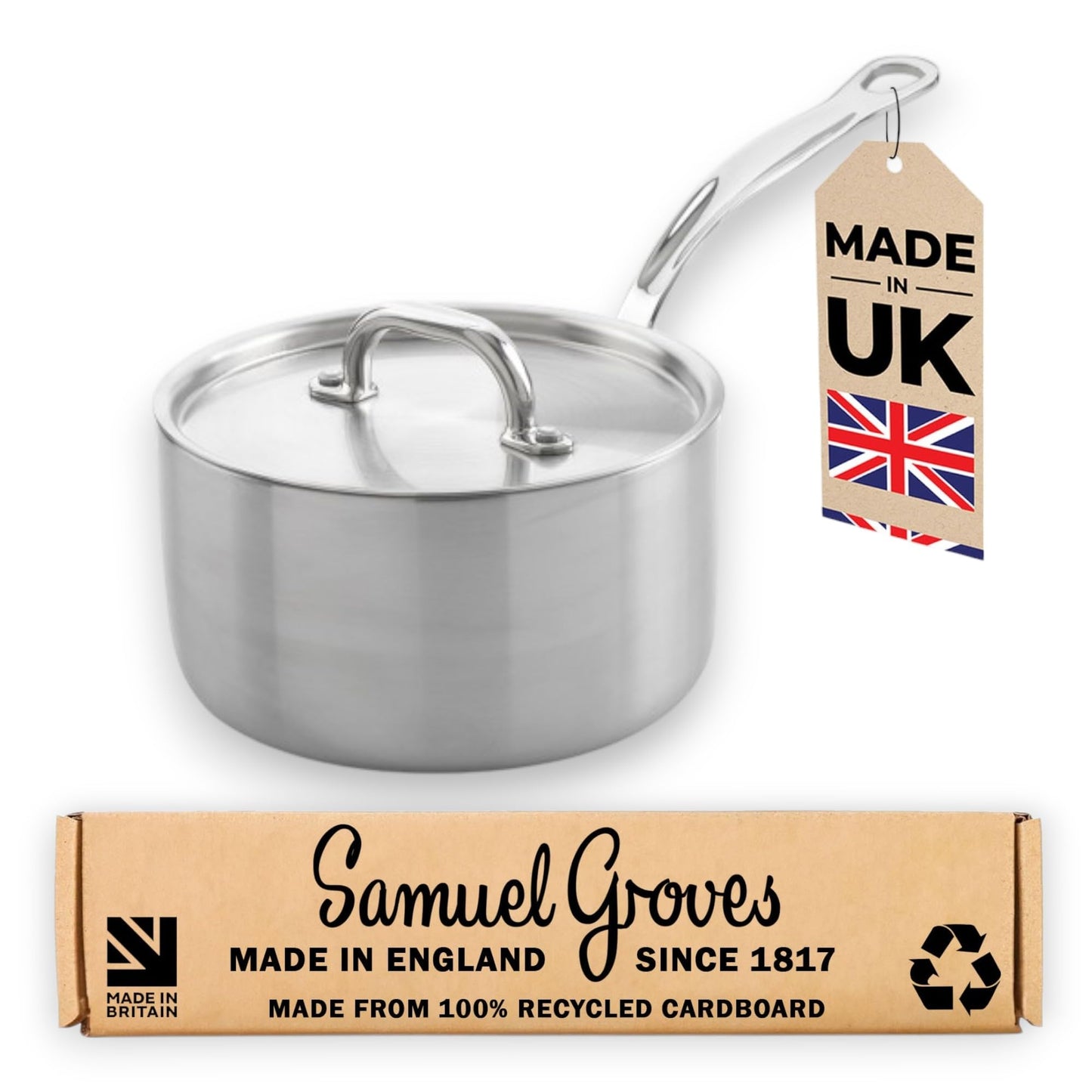 Samuel Groves Classic 18cm Non-Stick Stainless Steel Triply Saucepan with Lid UK Made - Premium Kitchen from Chabrias Ltd - Just £142.50! Shop now at Chabrias Ltd