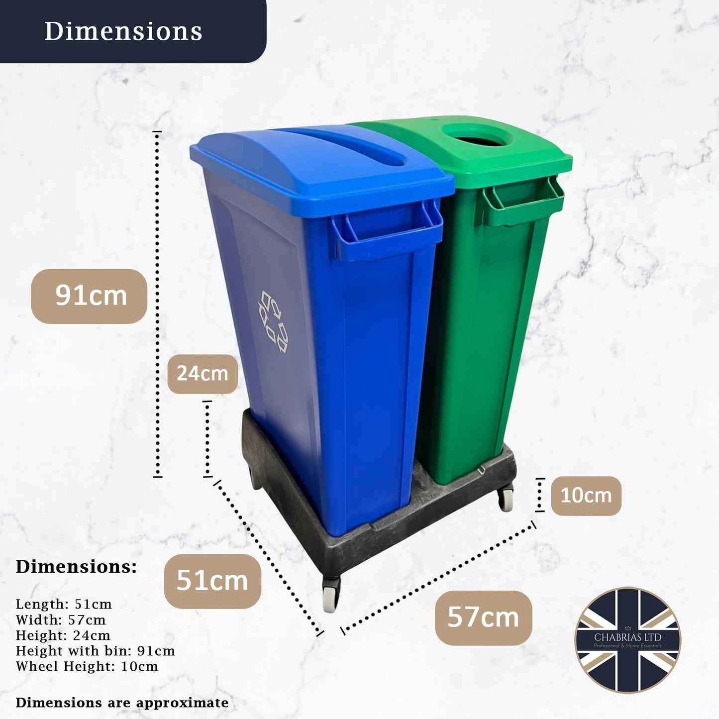 87 Litre Slim Bin With Double Dolly, Blue & Green Recycling - Premium Bins from Chabrias Ltd - Just £189.99! Shop now at Chabrias Ltd