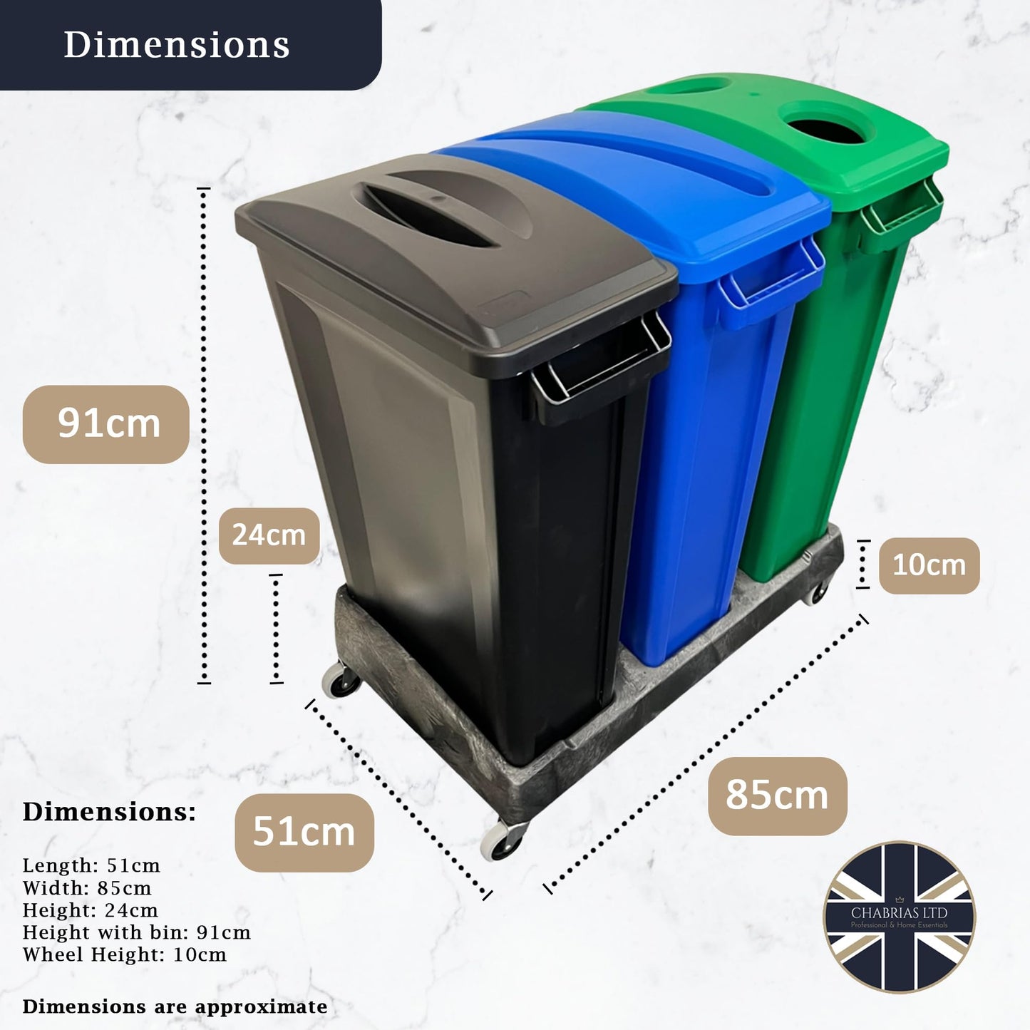 87 Litre Slim Bin With Triple Dolly, Black, Blue & Green Recycling - Premium BISS from Chabrias Ltd - Just £274.99! Shop now at Chabrias Ltd