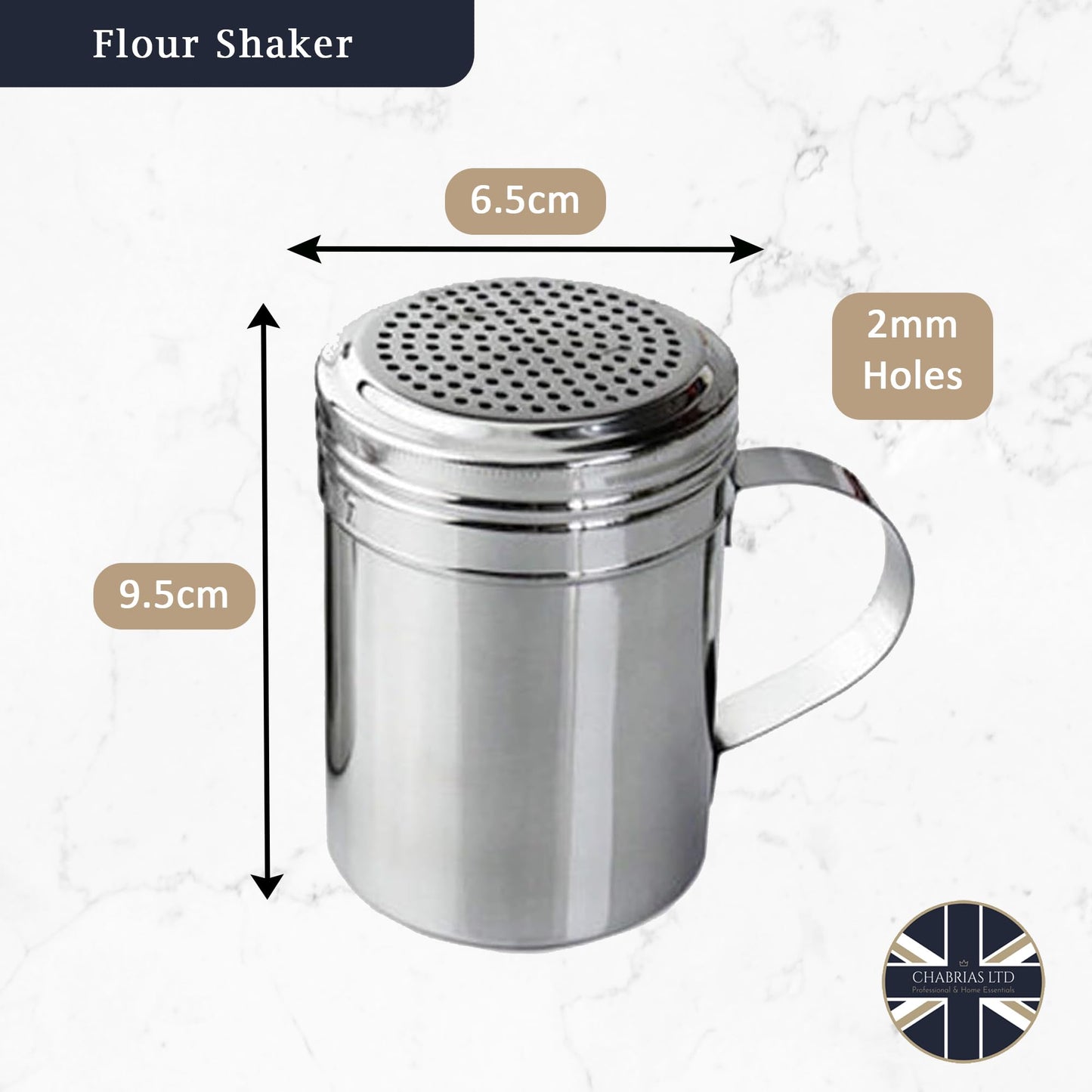 Stainless Steel 10oz Dredger Flour Shaker, With Handle Flour Sifter, Powder Shaker, Ideal for Sugar, Salt, Icing Sugar Shaker, Flour, Chocolate Shaker, Cappuccino, Cocoa, Mince Pies, Pancakes (2 Pack) - Premium Home from Chabrias Ltd - Just £9.49! Shop now at Chabrias Ltd