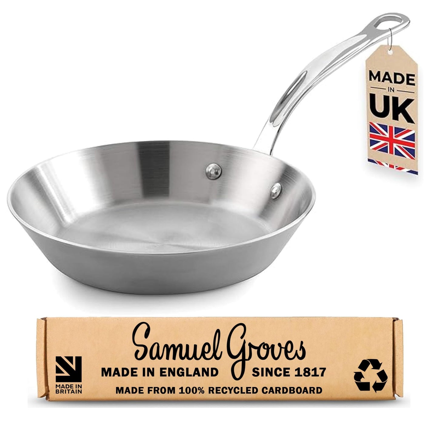Samuel Groves - Classic Stainless Steel Tri-Ply Frying Pan - Rapid Heat Distribution - Suitable for All Hobs, Including Induction Made in England - Premium Kitchen from Samuel Groves - Just £66.50! Shop now at Chabrias Ltd