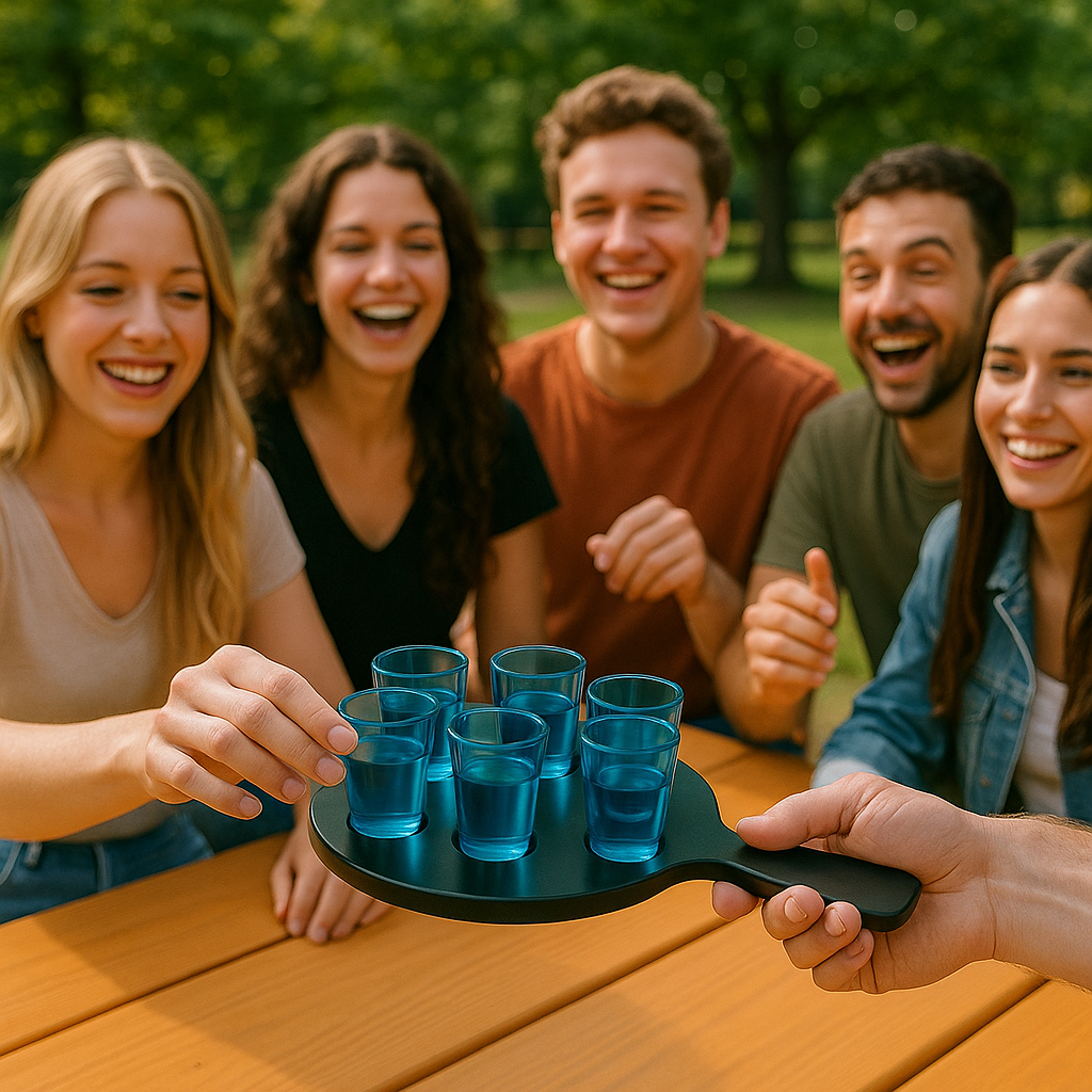 6-Hole Black Shot Glass Holder, With 6 Blue Shot Glasses - Premium Kitchen from Chabrias Ltd - Just £9.99! Shop now at Chabrias Ltd