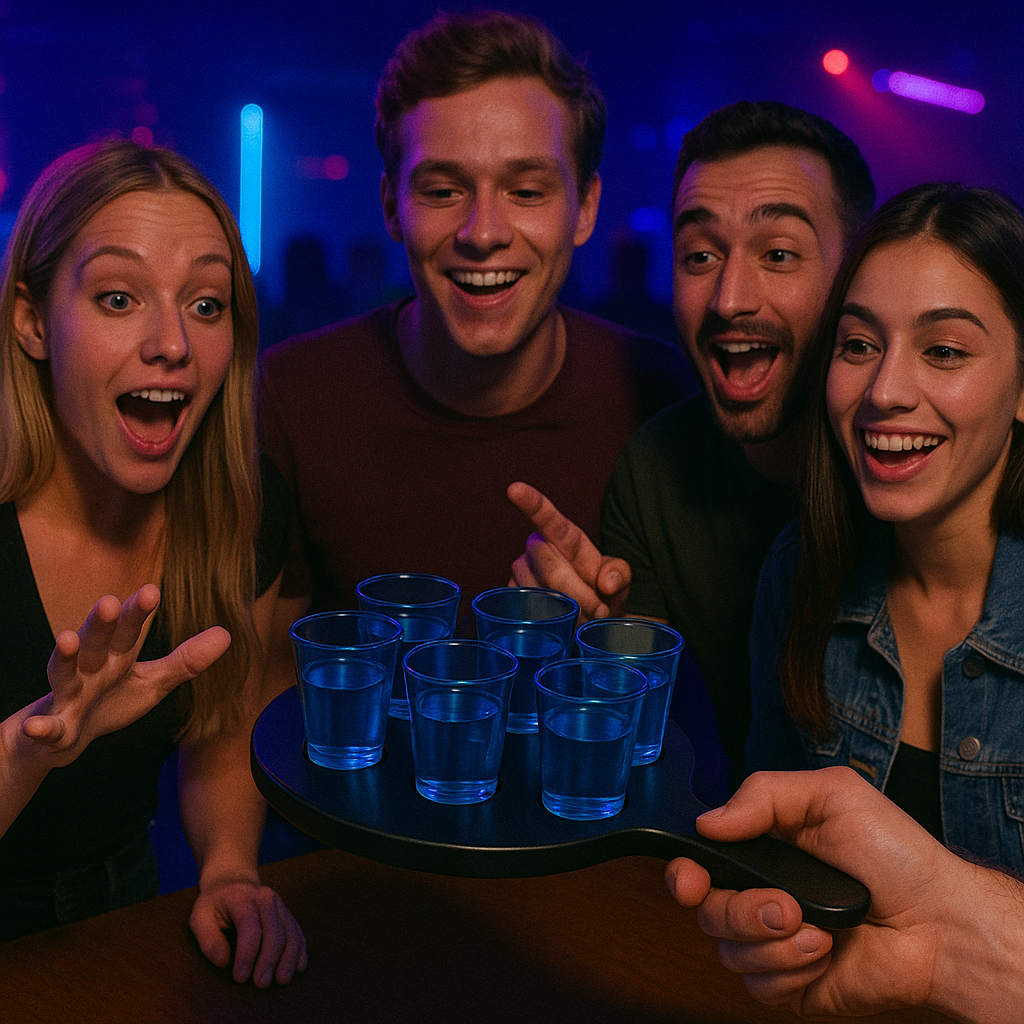 6-Hole Black Shot Glass Holder, With 6 Blue Shot Glasses - Premium Kitchen from Chabrias Ltd - Just £9.99! Shop now at Chabrias Ltd