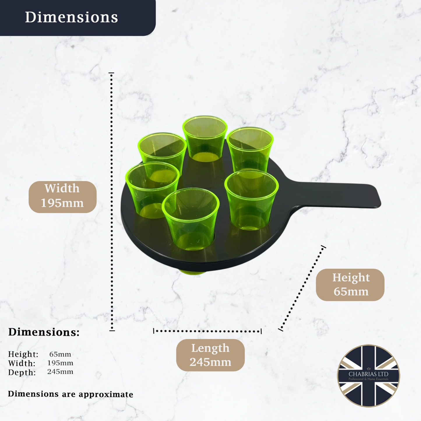 6-Hole Black Shot Glass Holder, With 6 Yellow Shot Glasses - Premium Kitchen from Chabrias Ltd - Just £9.99! Shop now at Chabrias Ltd
