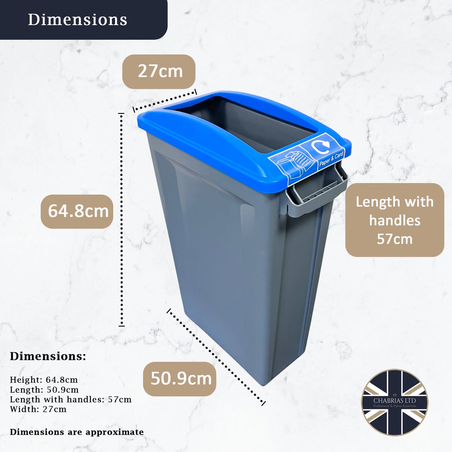 60 Litre Slim Bin, Grey Base & Blue Open Lid - Premium Recycling Bin from Chabrias Ltd - Just £74.99! Shop now at Chabrias Ltd