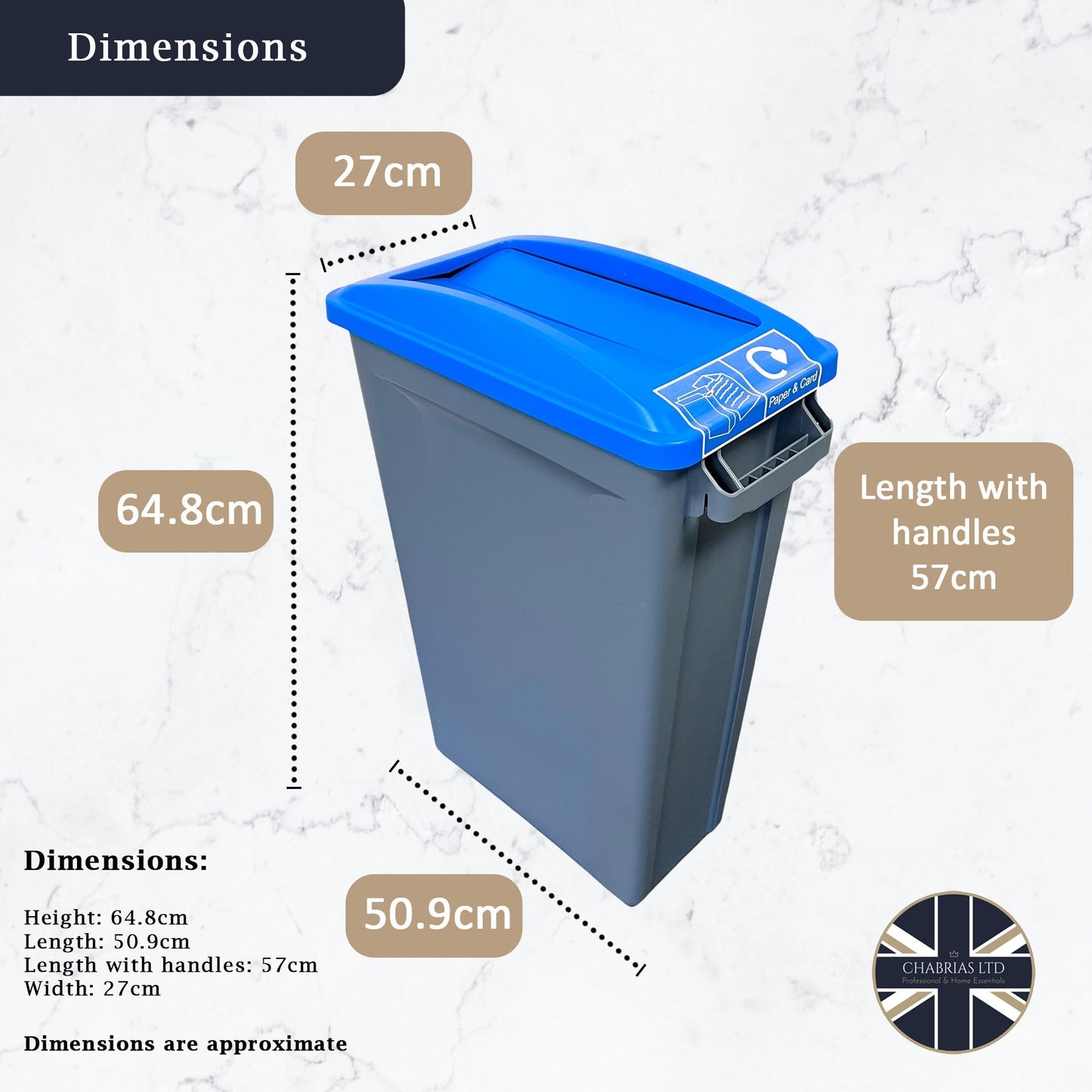 60 Litre Slim Bin, Grey Base & Blue Swing Lid - Premium Recycling Bin from Chabrias Ltd - Just £74.99! Shop now at Chabrias Ltd