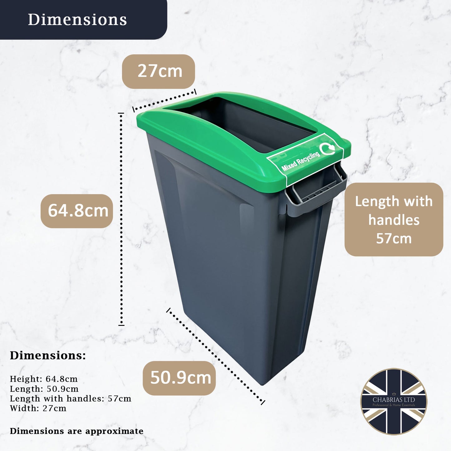 60 Litre Slim Bin, Grey Base & Green Open Lid - Premium Recycling Bin from Chabrias Ltd - Just £74.99! Shop now at Chabrias Ltd