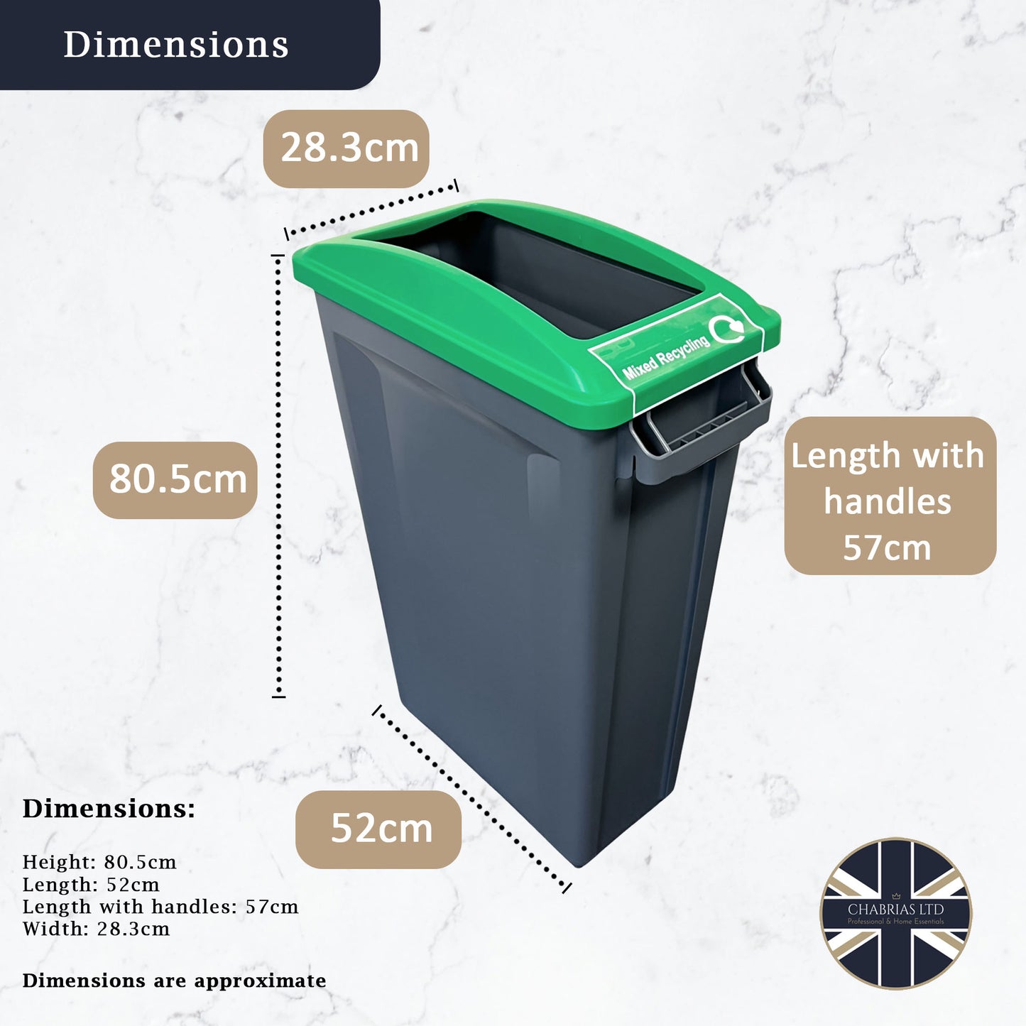 87 Litre Slim Bin, Grey Base & Green Open Lid - Premium Recycling Bin from Chabrias Ltd - Just £89.99! Shop now at Chabrias Ltd