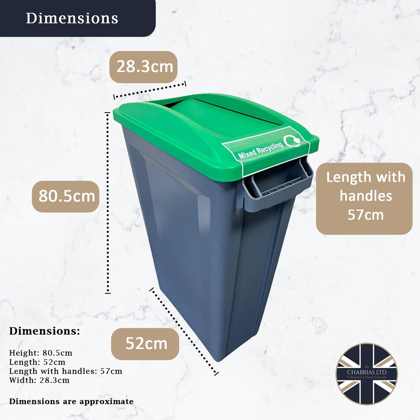 87 Litre Slim Bin, Grey Base & Green Swing Lid - Premium Recycling Bin from Chabrias Ltd - Just £89.99! Shop now at Chabrias Ltd