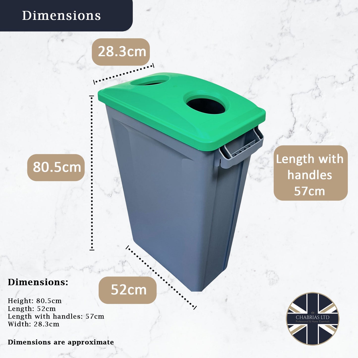 60 Litre Slim Bin Grey Base & 2 Hole Green Lid - Premium Recycling Bin from Chabrias Ltd - Just £74.99! Shop now at Chabrias Ltd
