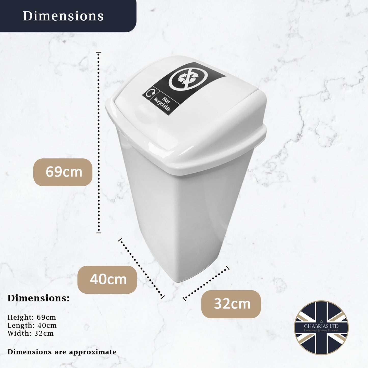 Plastic Swing Bin, White Body & White Lid, With Non-Recyclables Sticker, 50L - Premium BISS from Chabrias Ltd - Just £23.99! Shop now at Chabrias Ltd