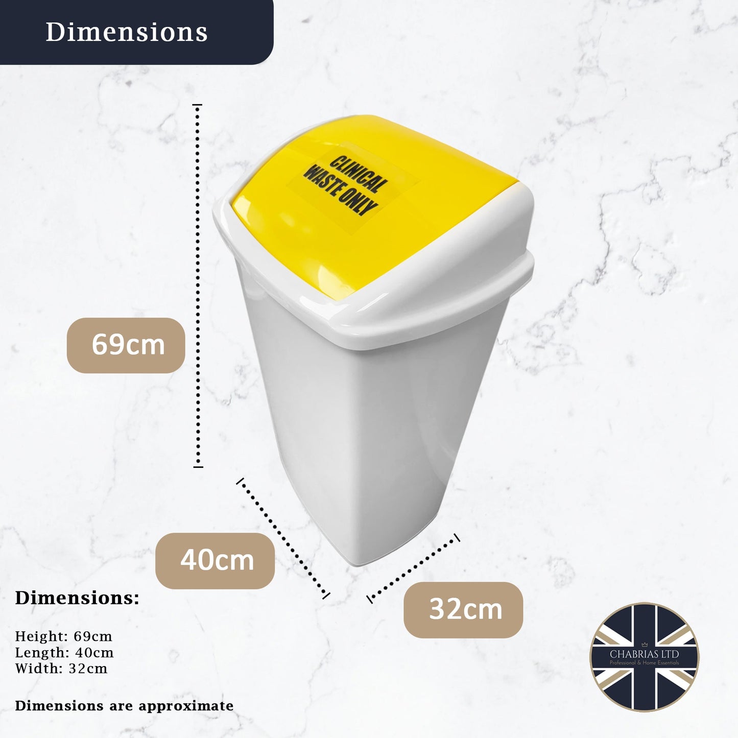 Plastic Swing Bin, White Body & Yellow Lid, With Clinical Waste Sticker, 50L - Premium BISS from Chabrias Ltd - Just £23.99! Shop now at Chabrias Ltd