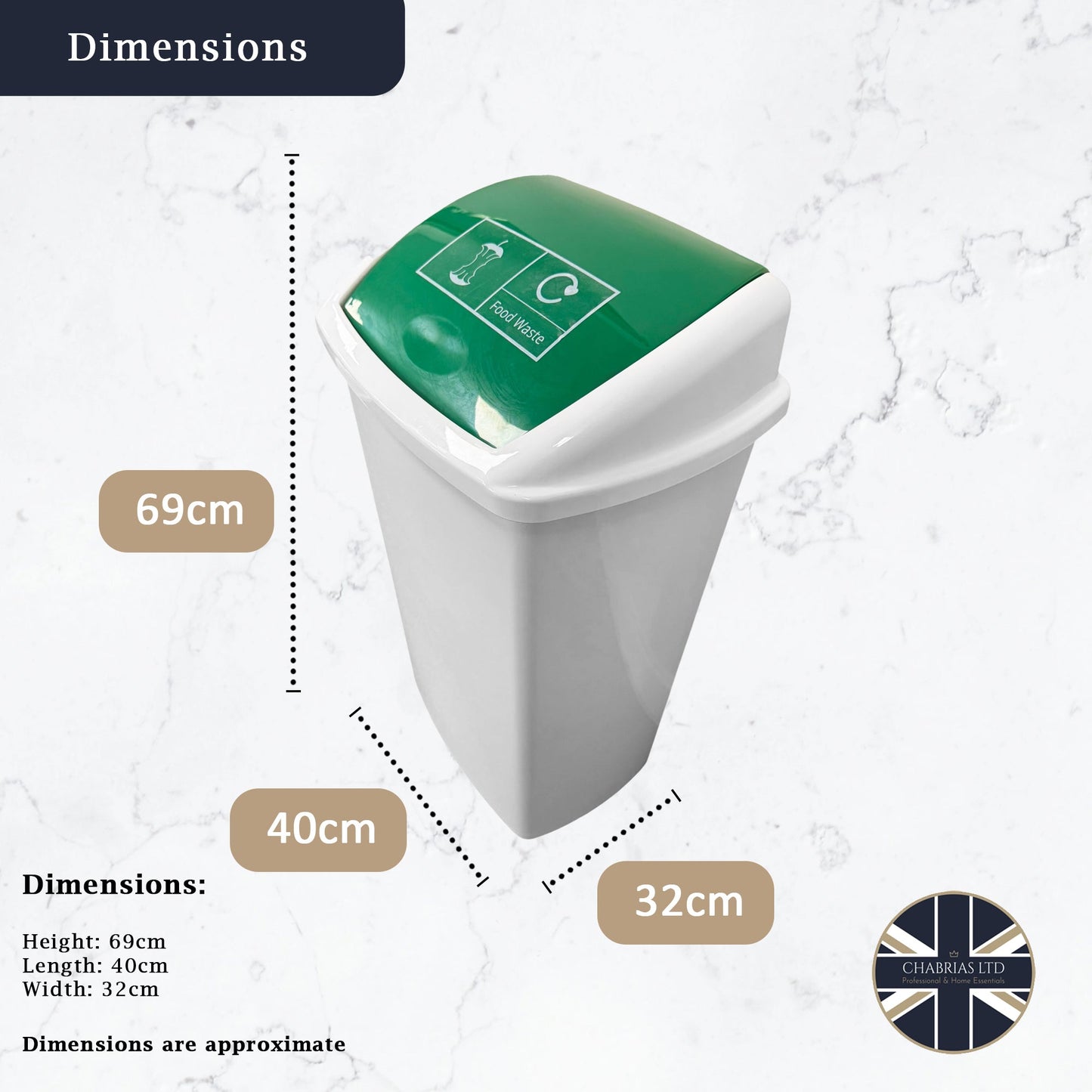 Plastic Swing Bin, White Body & Green Lid, With Food Waste Sticker - Premium BISS from Chabrias Ltd - Just £23.99! Shop now at Chabrias Ltd