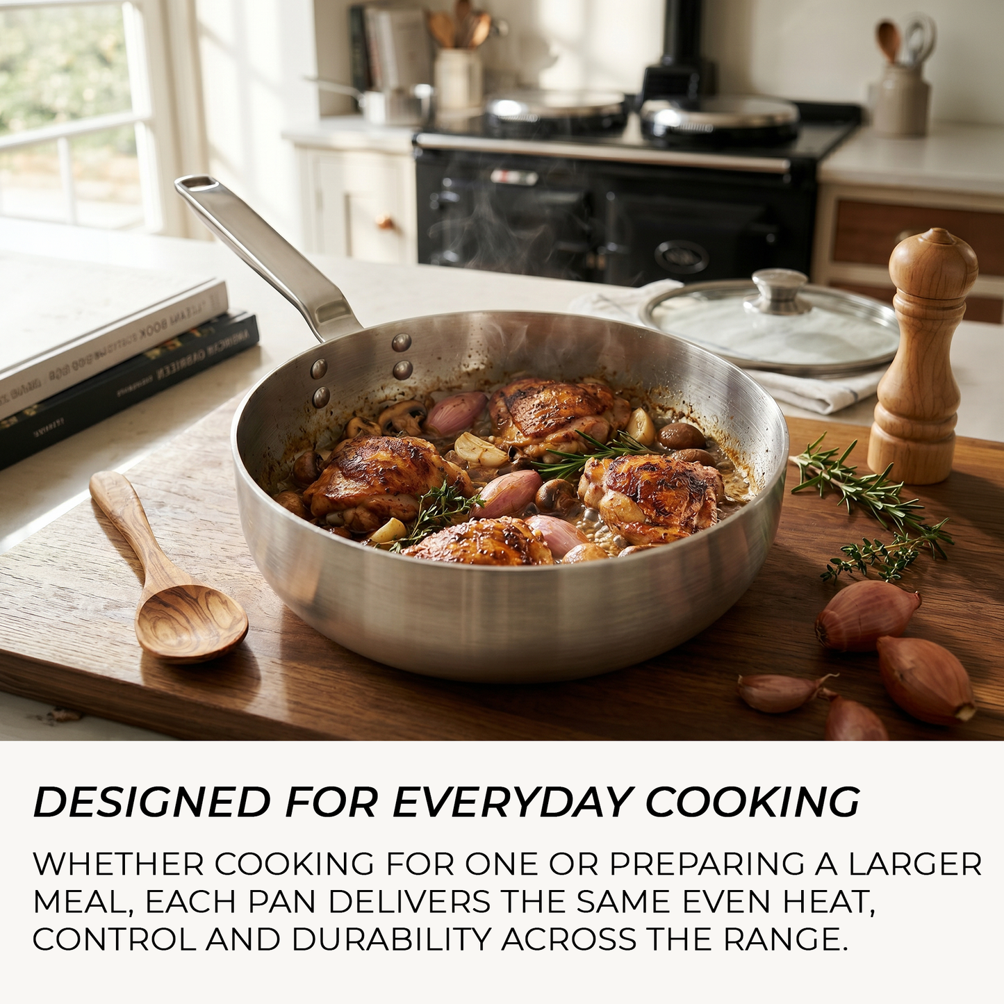 British made stainless steel chef pan with glass lid from Samuel Groves cookware