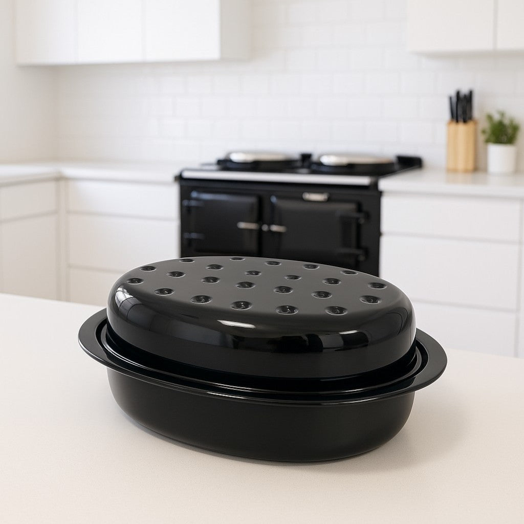 Vitreous Enamel Oval Roasting Tin with Lid & Roasting Tray with Rack (33, 37cm) - Premium Kitchen from Chabrias Ltd - Just £28.99! Shop now at Chabrias Ltd