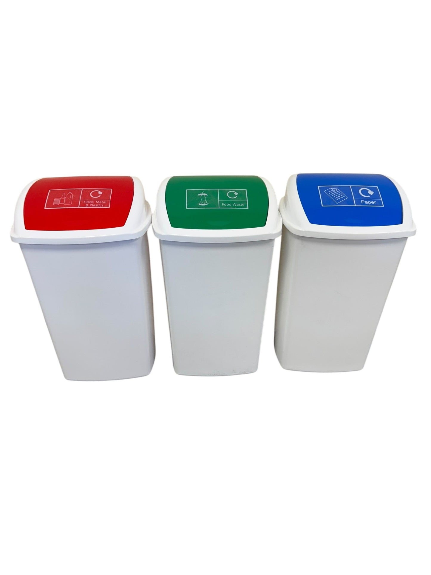 Plastic Swing Bin, White Body & RGB Lids, With Stickers, 50L (x3) - Premium BISS from Chabrias Ltd - Just £59.99! Shop now at Chabrias Ltd