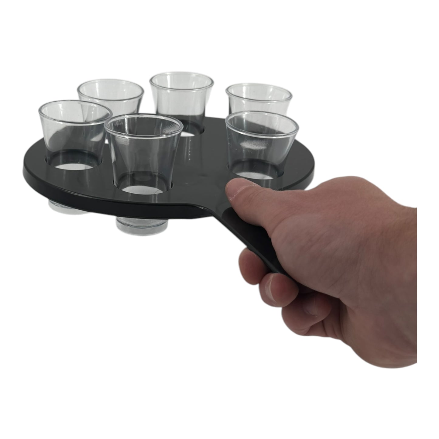 6-Hole Black Shot Glass Holder, With 6 Clear Shot Glasses - Premium Kitchen from Chabrias Ltd - Just £9.99! Shop now at Chabrias Ltd