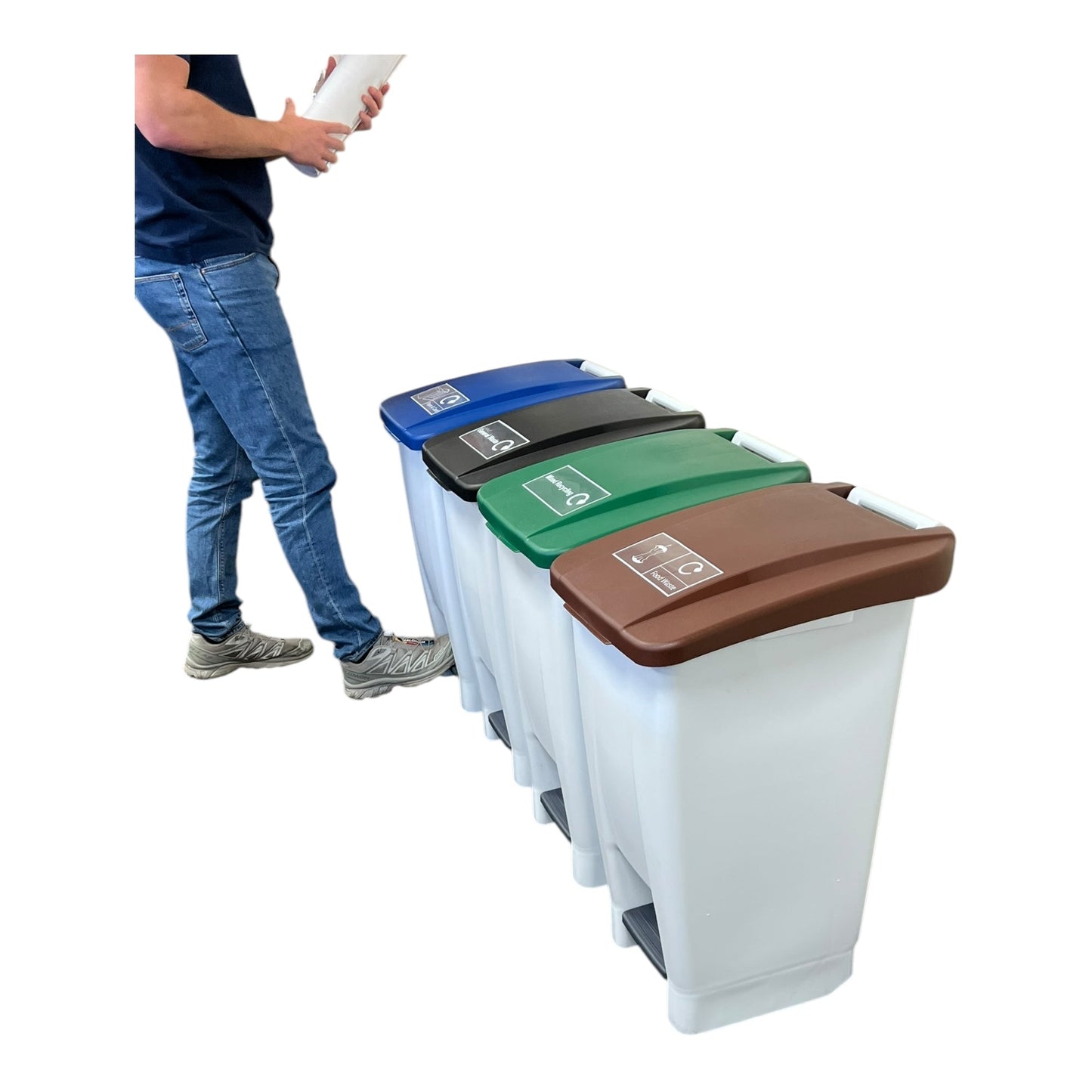 Set of 4, Plastic White Bodied Sack Holder With Coloured Lids, Stickers Included, 60L - Premium Recycling Bin from Chabrias Ltd - Just £239.99! Shop now at Chabrias Ltd
