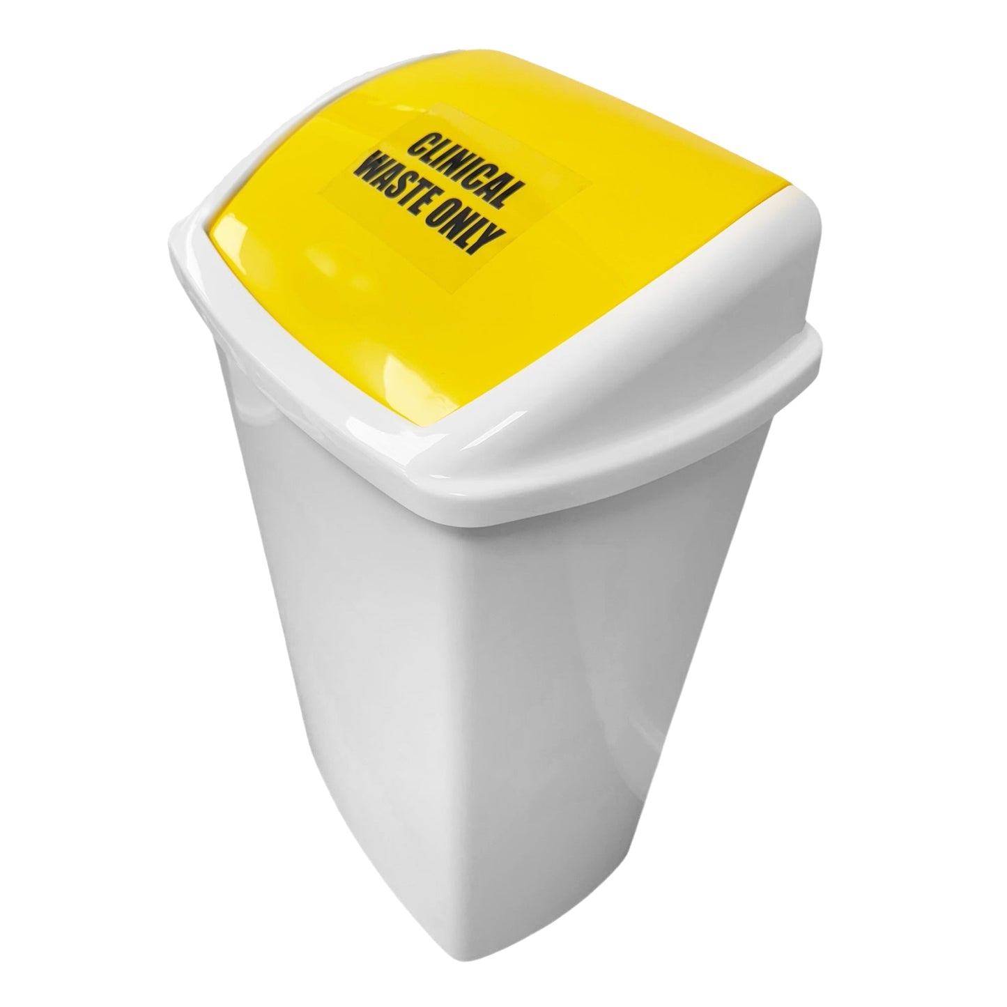 Plastic Swing Bin, White Body & Yellow Lid, With Clinical Waste Sticker, 50L - Premium BISS from Chabrias Ltd - Just £23.99! Shop now at Chabrias Ltd