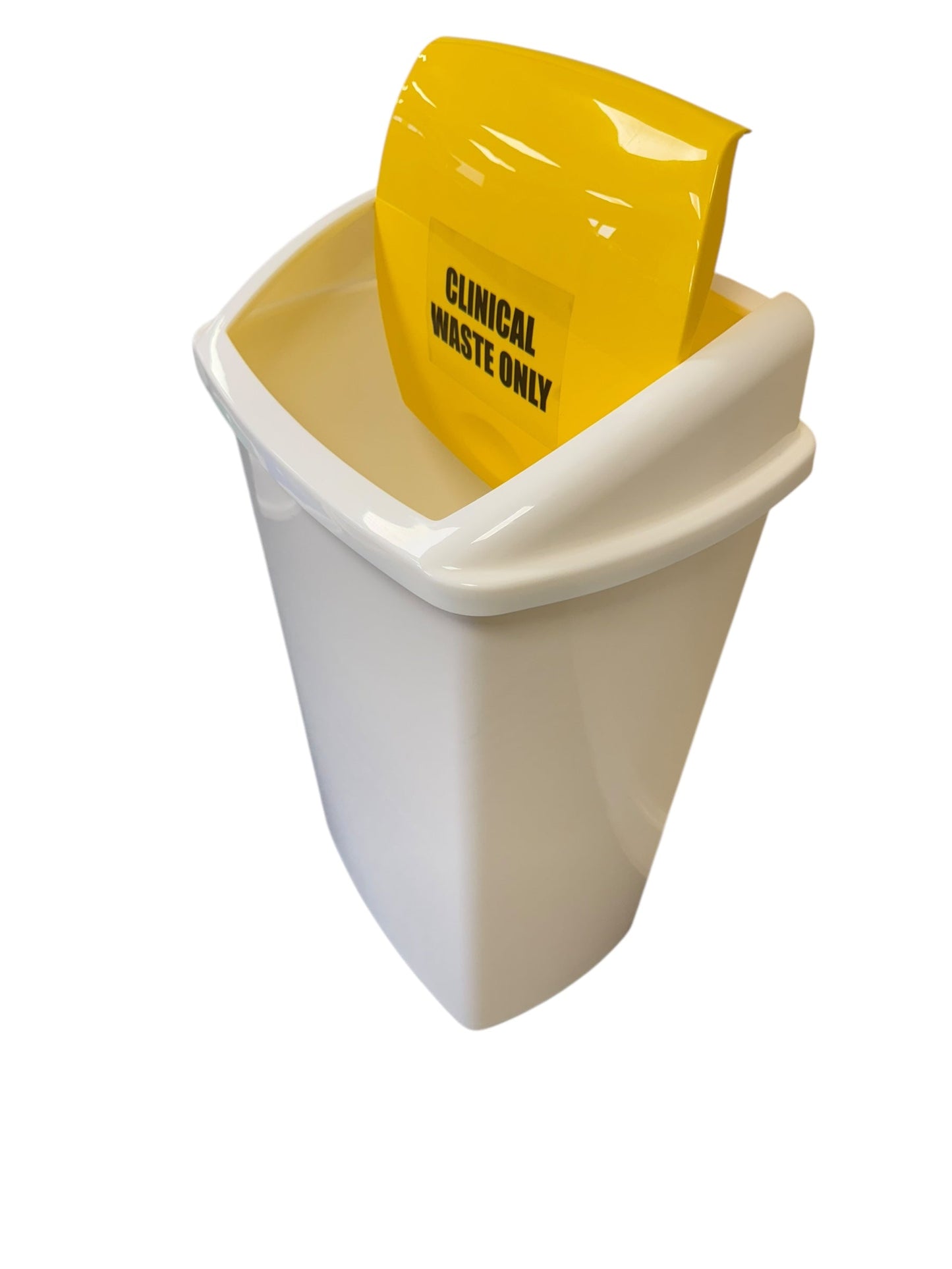 Plastic Swing Bin, White Body & Yellow Lid, With Clinical Waste Sticker, 50L - Premium BISS from Chabrias Ltd - Just £23.99! Shop now at Chabrias Ltd
