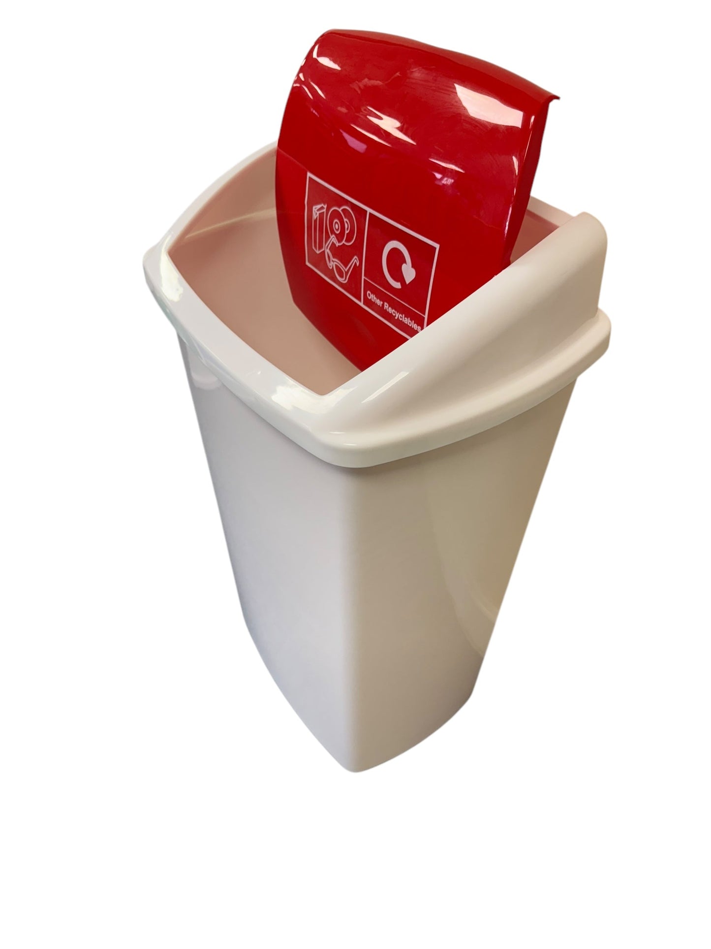 Plastic Swing Bin, White Body & Red Lid, With Other Recyclables Sticker, 50L - Premium BISS from Chabrias Ltd - Just £21.84! Shop now at Chabrias Ltd