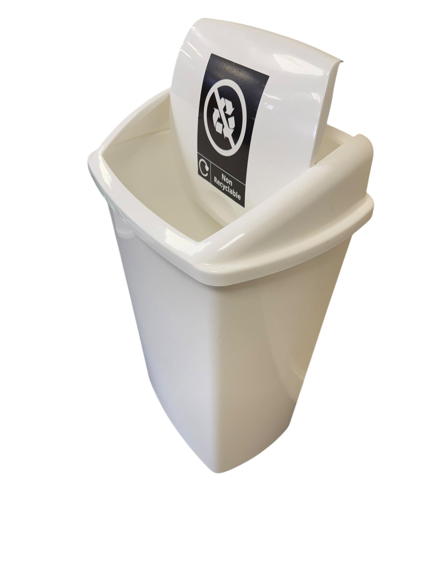Plastic Swing Bin, White Body & White Lid, With Non-Recyclables Sticker, 50L - Premium BISS from Chabrias Ltd - Just £23.99! Shop now at Chabrias Ltd