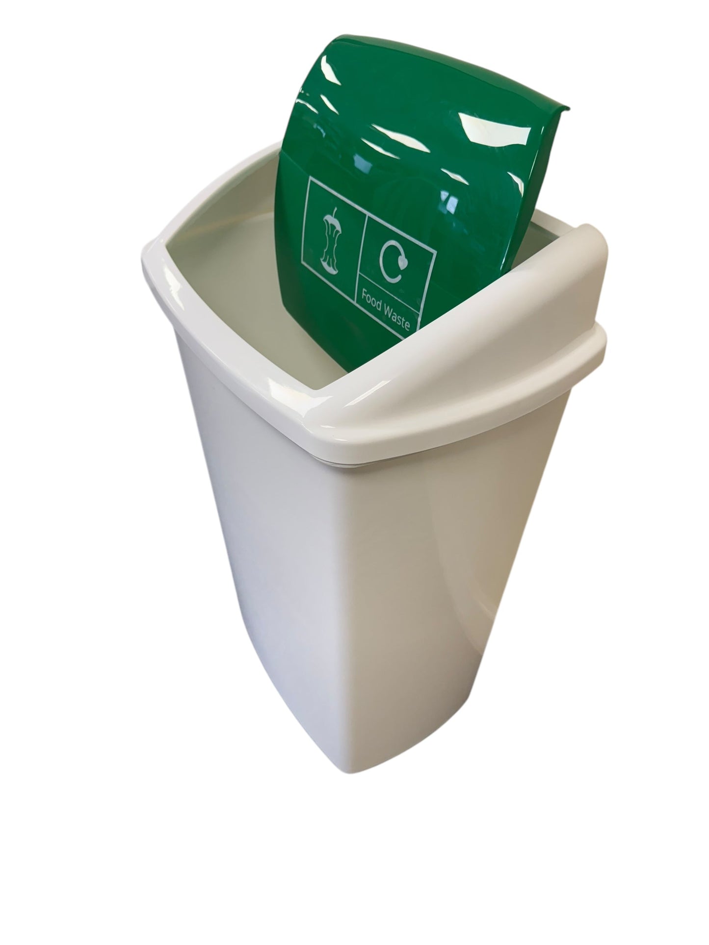 Plastic Swing Bin, White Body & Green Lid, With Food Waste Sticker - Premium BISS from Chabrias Ltd - Just £23.99! Shop now at Chabrias Ltd