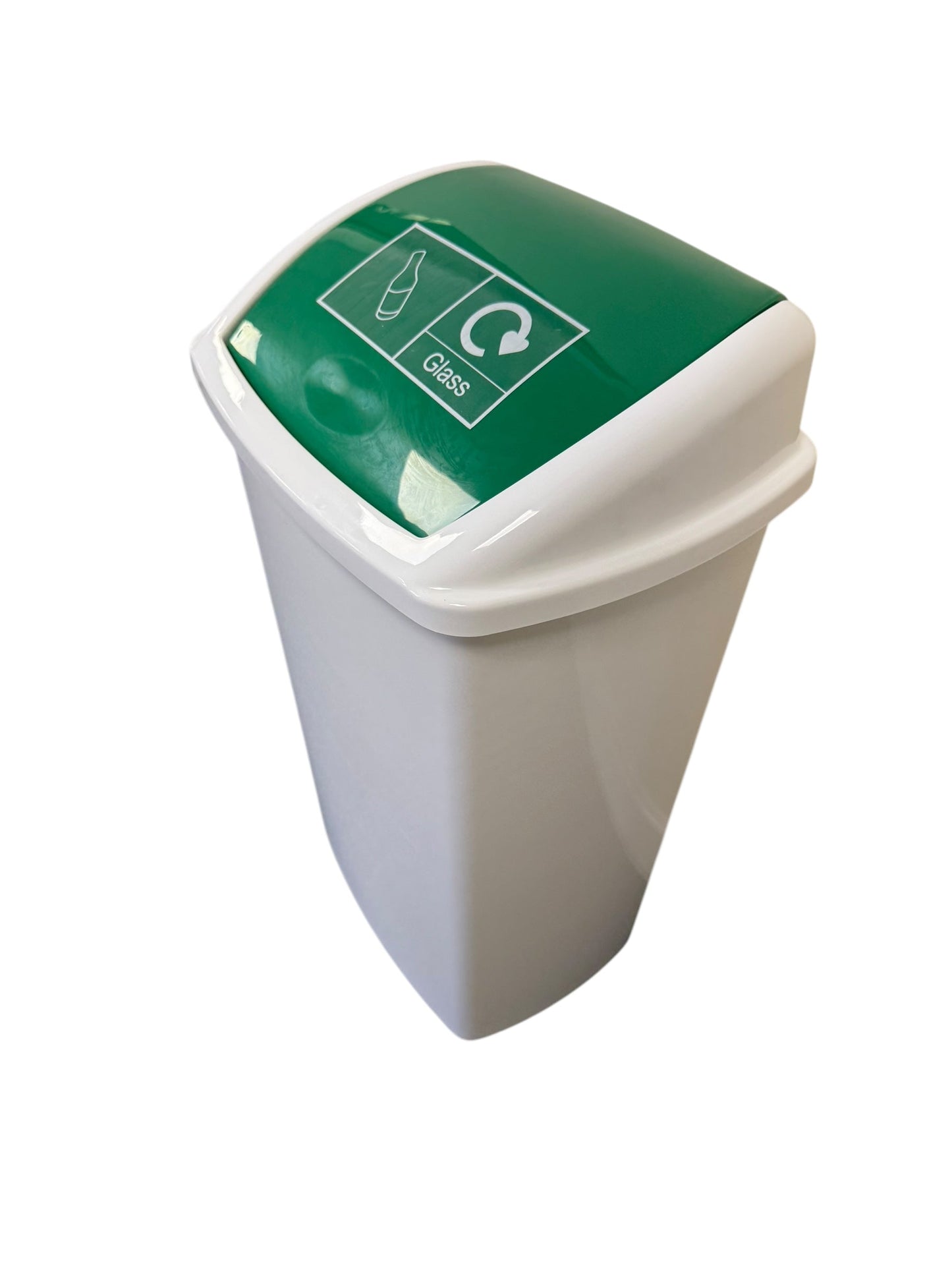 Plastic Swing Bin, White Body & Green Lid, With Glass Sticker - Premium BISS from Chabrias Ltd - Just £23.99! Shop now at Chabrias Ltd