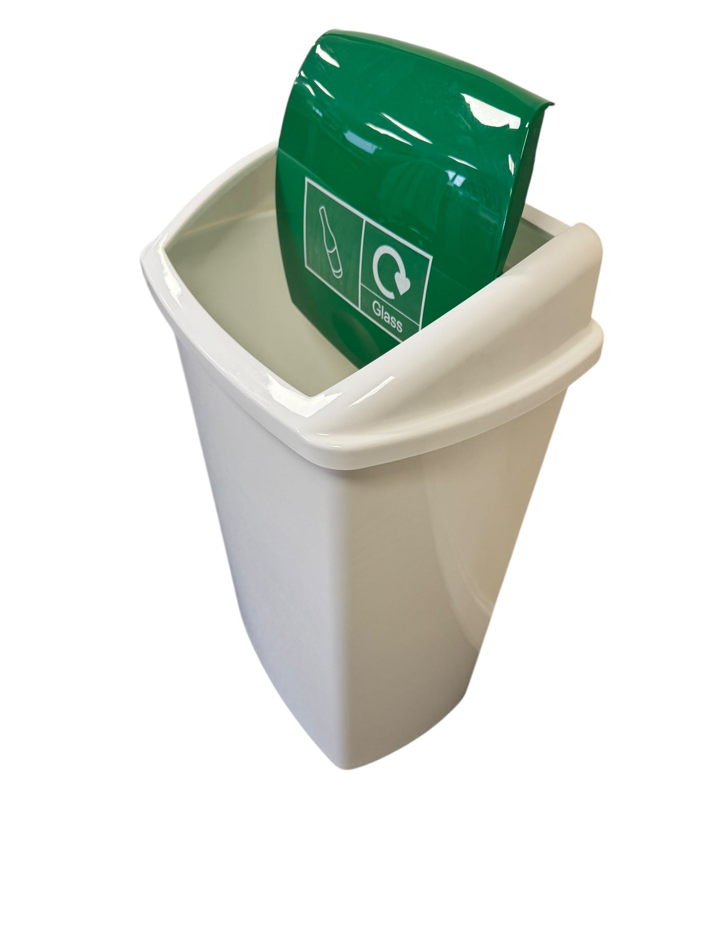 Plastic Swing Bin, White Body & Green Lid, With Glass Sticker - Premium BISS from Chabrias Ltd - Just £23.99! Shop now at Chabrias Ltd