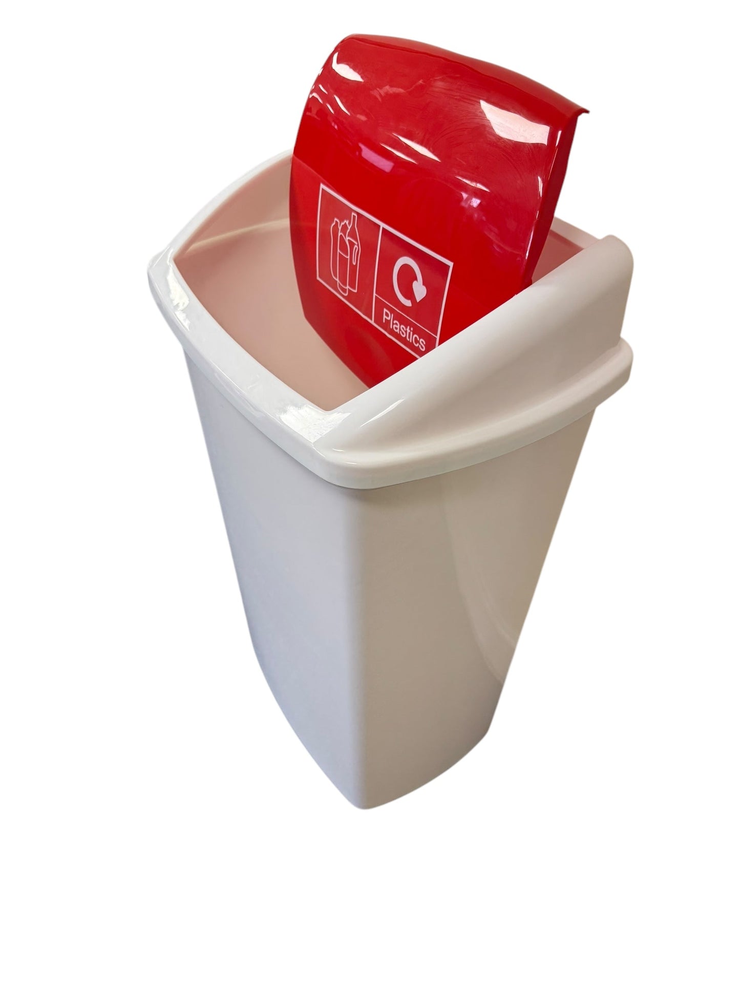 Plastic Swing Bin, White Body & Red Lid, With Plastic Sticker - Premium BISS from Chabrias Ltd - Just £21.84! Shop now at Chabrias Ltd
