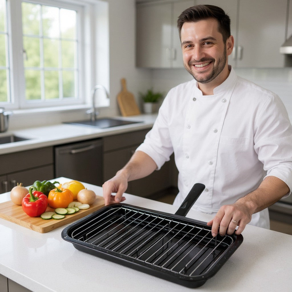 Vitreous Enamel Grill Pan, Handle & Wire Rack, Large (40cm) - Premium Kitchen from Chabrias Ltd - Just £16.99! Shop now at Chabrias Ltd