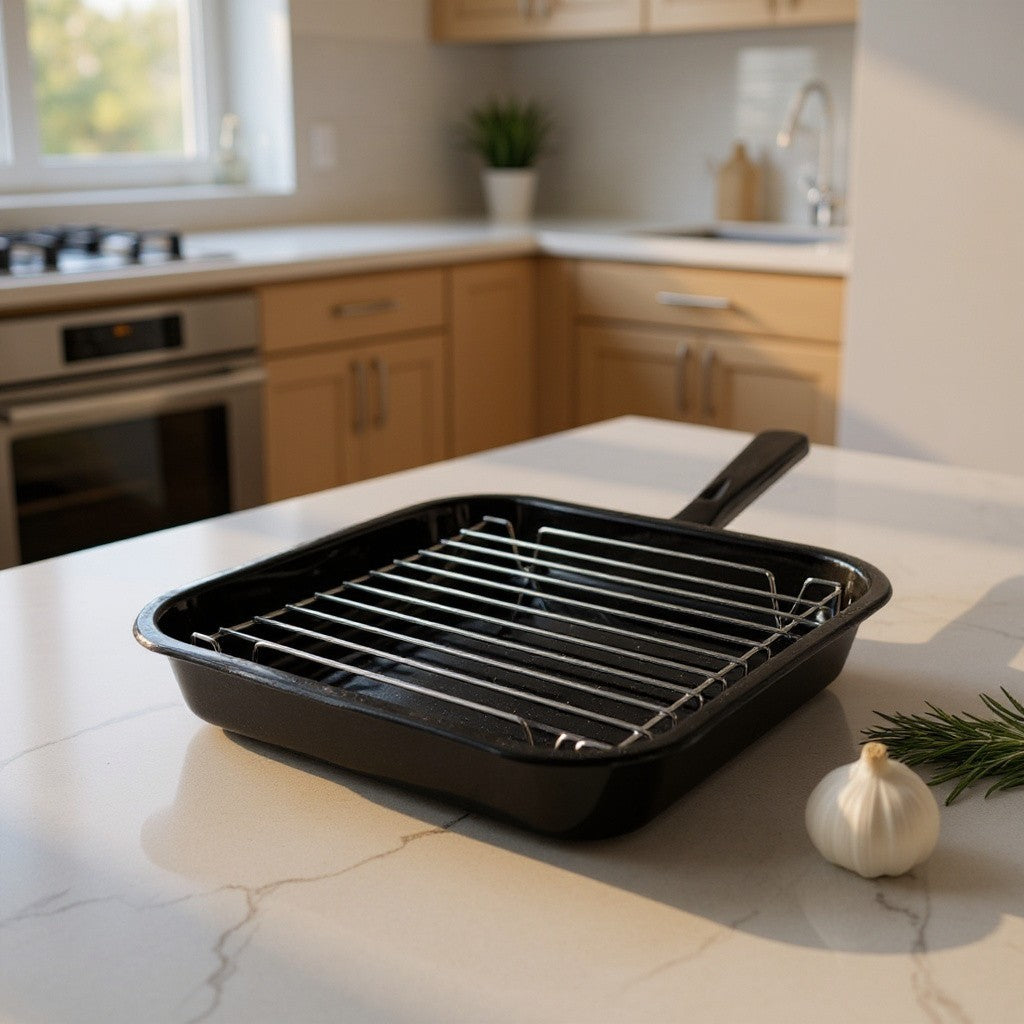 Vitreous Enamel Grill Pan, Handle & Wire Rack, Small (28cm) - Premium Kitchen from Chabrias Ltd - Just £13.99! Shop now at Chabrias Ltd