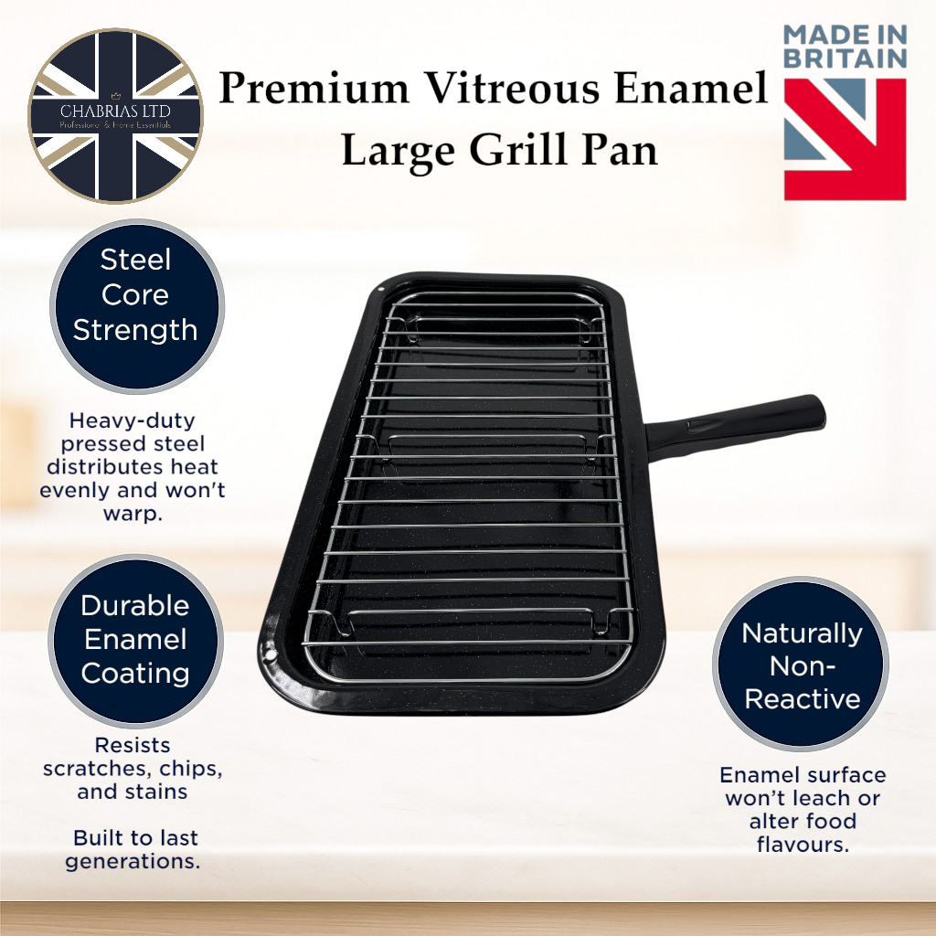 Vitreous Enamel Grill Pan, Handle & Wire Rack, Large (40cm) - Premium Kitchen from Chabrias Ltd - Just £16.99! Shop now at Chabrias Ltd