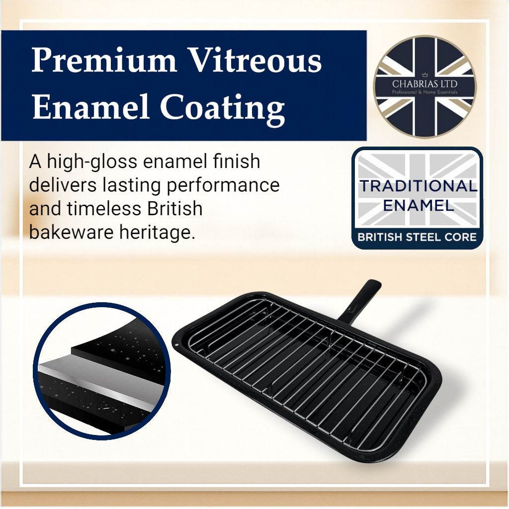 Vitreous Enamel Grill Pan, Handle & Wire Rack, Large (40cm) - Premium Kitchen from Chabrias Ltd - Just £16.99! Shop now at Chabrias Ltd