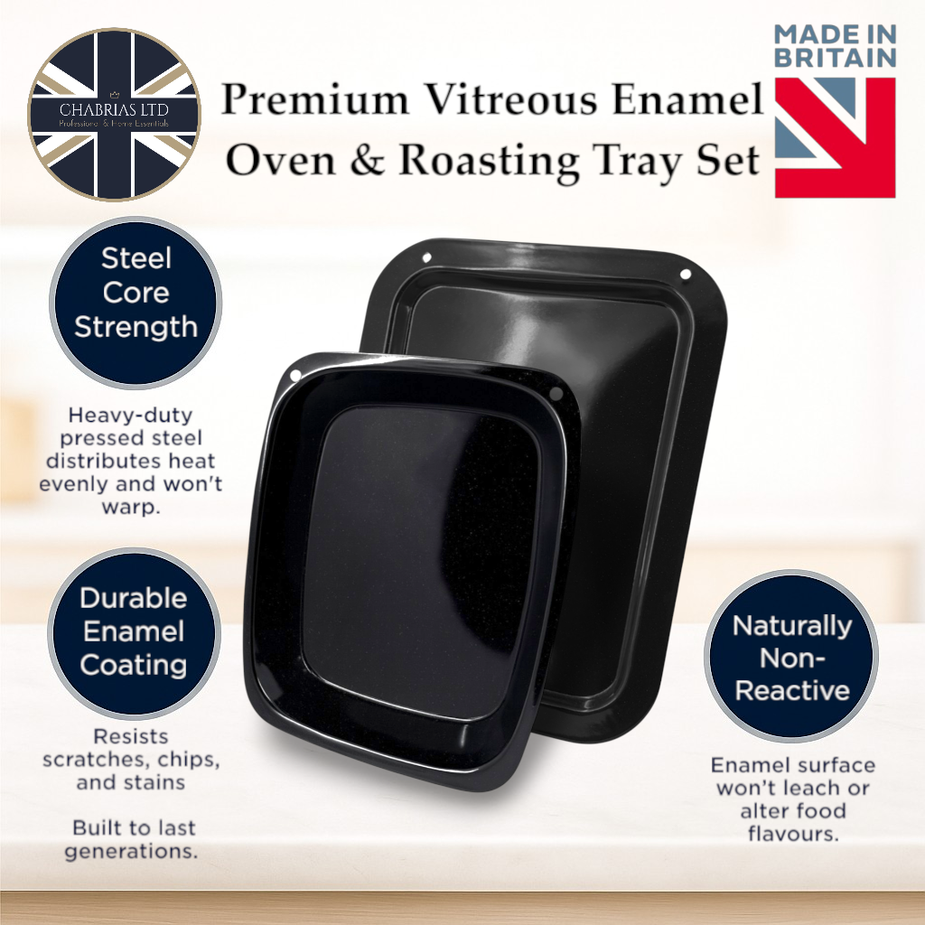 Vitreous Enamel Medium Roasting Tray & Large Oven Tray Set (33cm/36cm) - Premium Kitchen from Chabrias Ltd - Just £17.99! Shop now at Chabrias Ltd