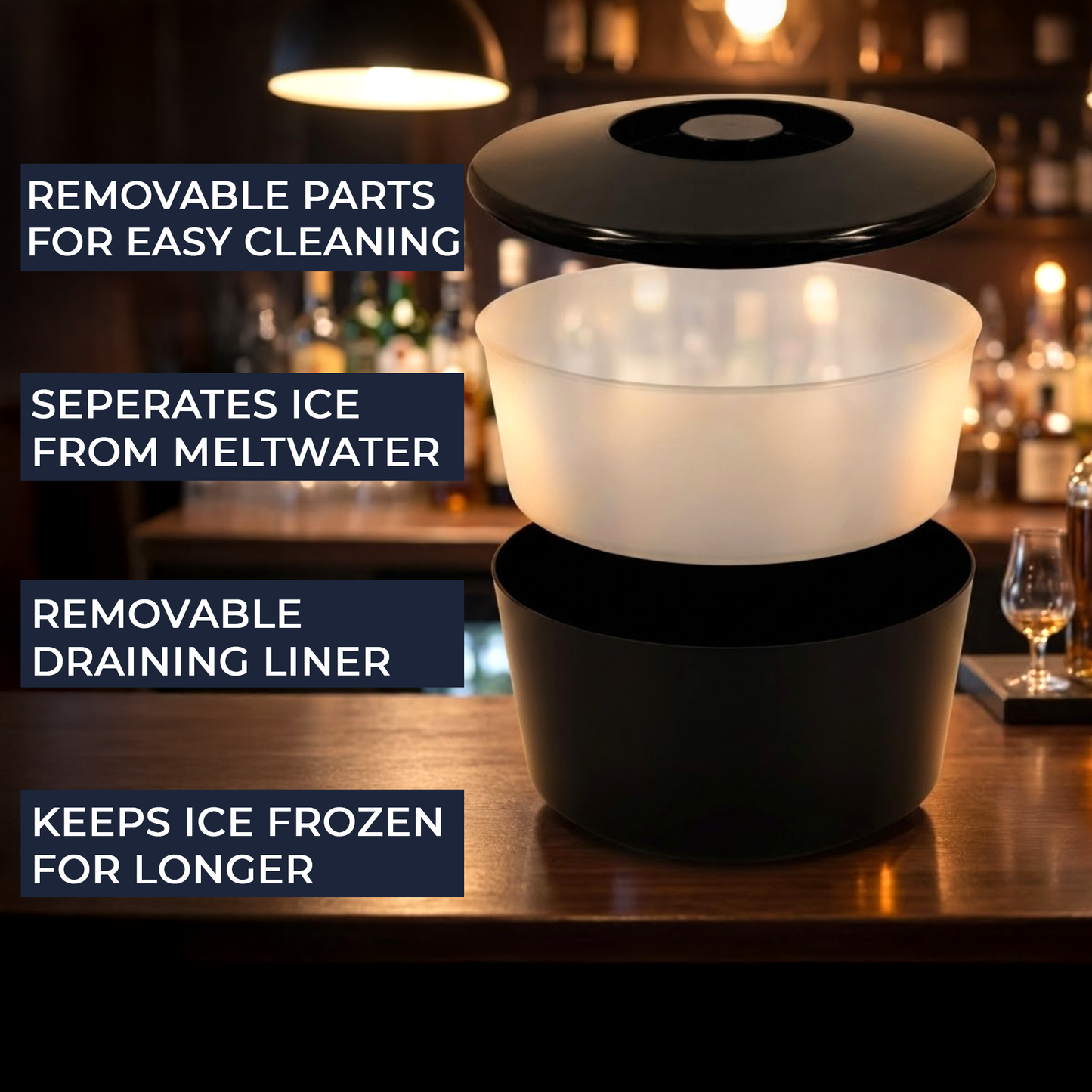 Black 10 Litre Ice Bucket with Lid & Removable Draining Liner – Large Plastic Ice Bucket – UK Made