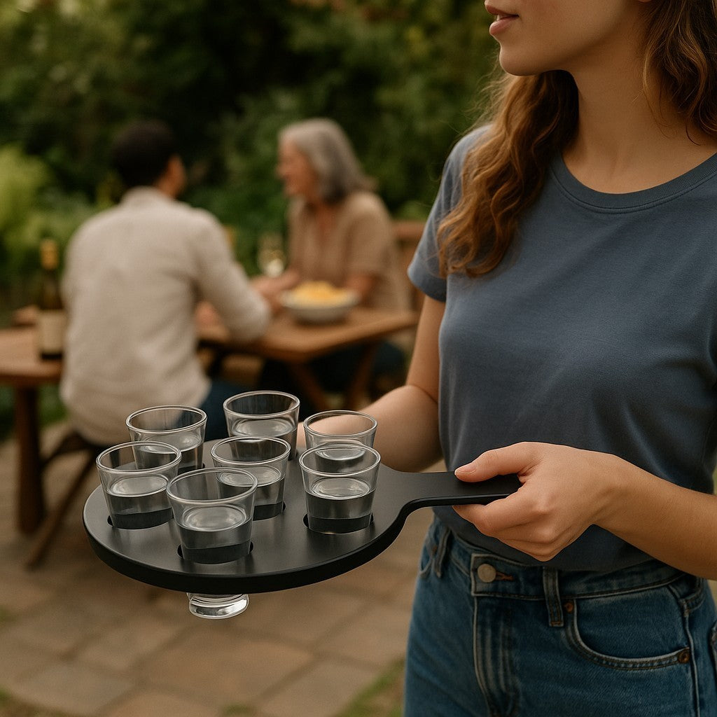 6-Hole Black Shot Glass Holder, With 6 Clear Shot Glasses - Premium Kitchen from Chabrias Ltd - Just £9.99! Shop now at Chabrias Ltd