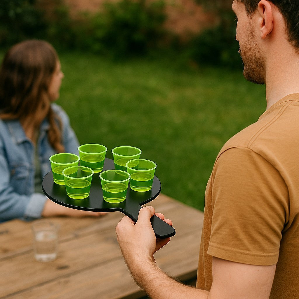 6-Hole Black Shot Glass Holder, With 6 Yellow Shot Glasses - Premium Kitchen from Chabrias Ltd - Just £9.99! Shop now at Chabrias Ltd