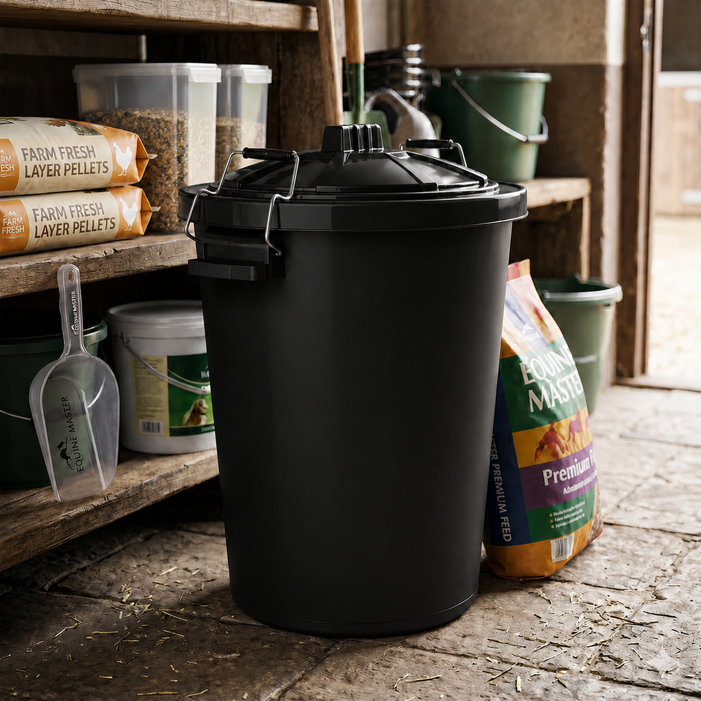 Black garden storage container with carry handles and lid