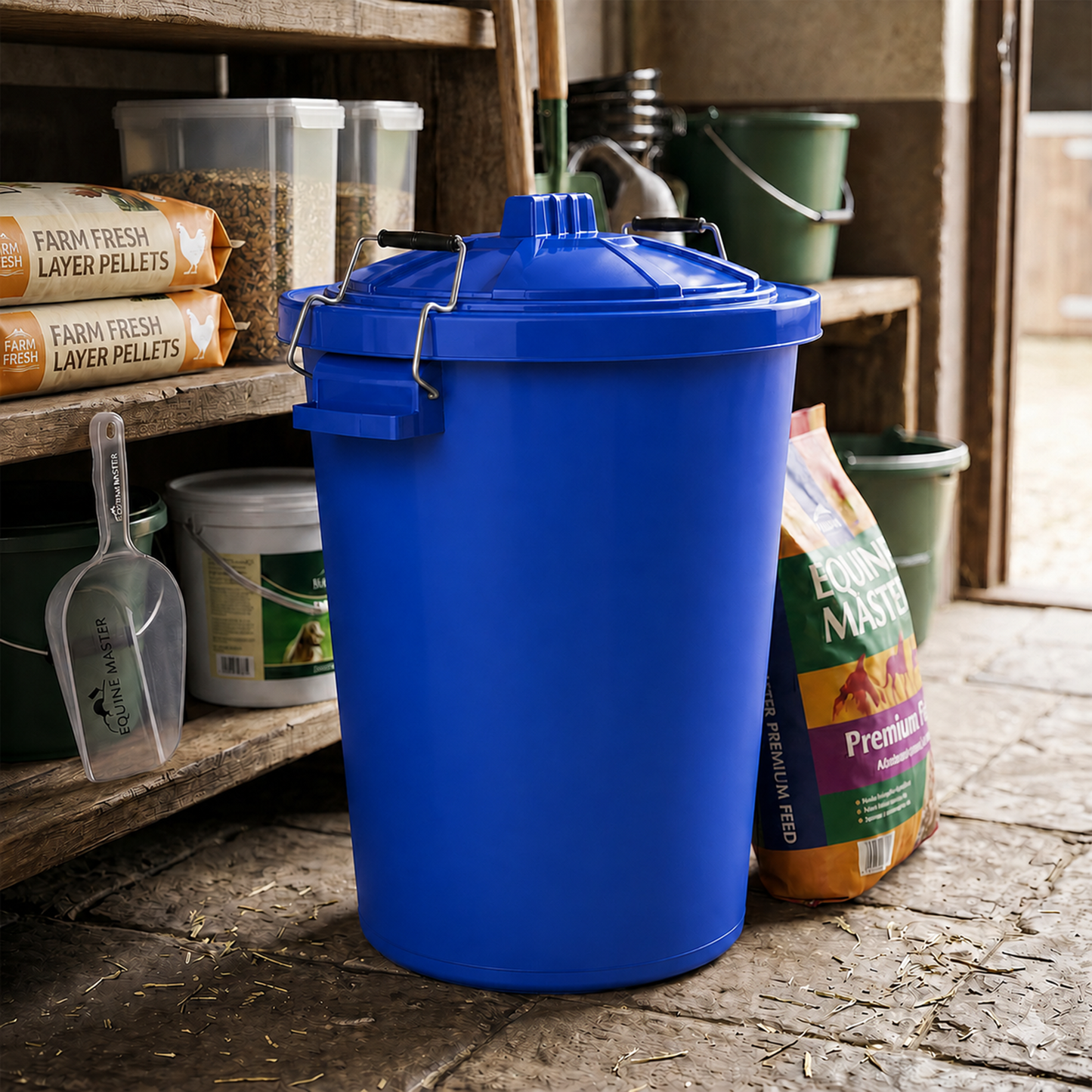 Blue garden storage container with carry handles and lid