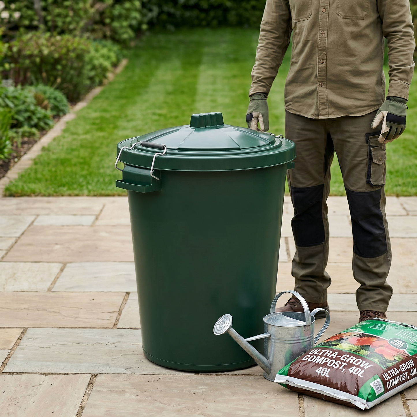 Lockable green outdoor dustbin for sheds garages and gardens
