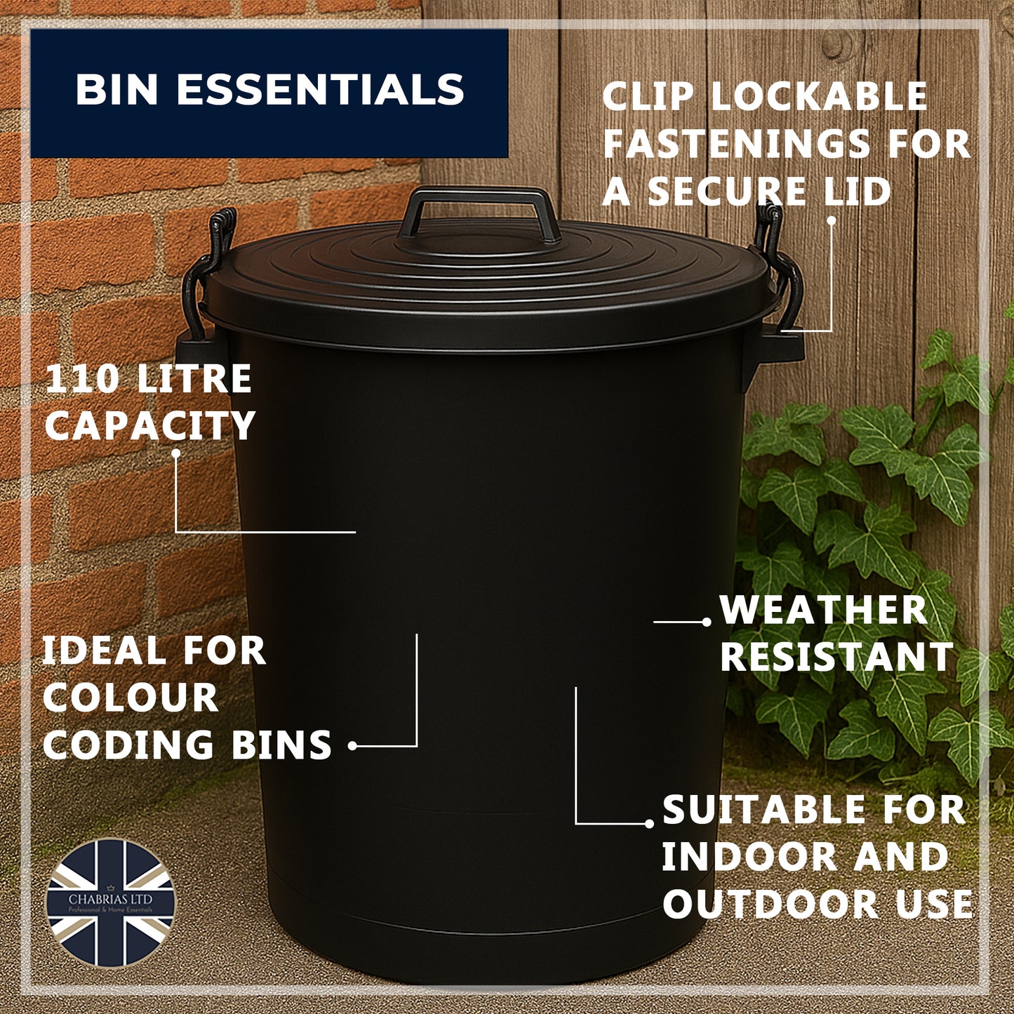 Heavy Duty Plastic Bin, With Locking Clip Lid, Black, 110L - Premium Bins from Chabrias Ltd - Just £34.99! Shop now at Chabrias Ltd