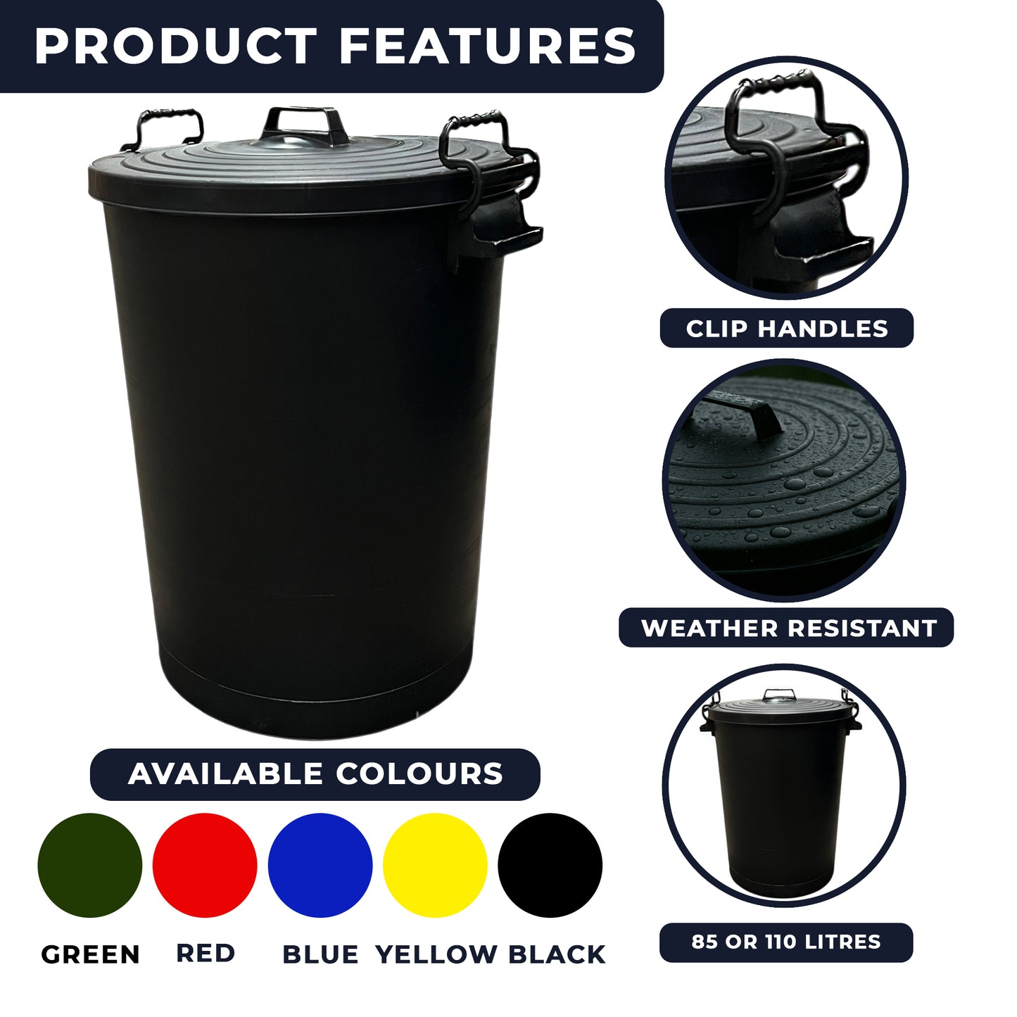 Heavy Duty Plastic Bin, With Locking Clip Lid, Black, 110L - Premium Bins from Chabrias Ltd - Just £34.99! Shop now at Chabrias Ltd