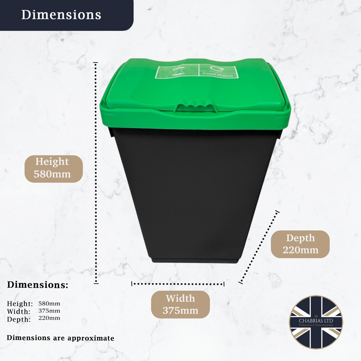 50 Litre Recycling Bin with Green Swing Lid & Food Waste Sticker Included - Premium Bins from Chabrias Ltd - Just £34.99! Shop now at Chabrias Ltd