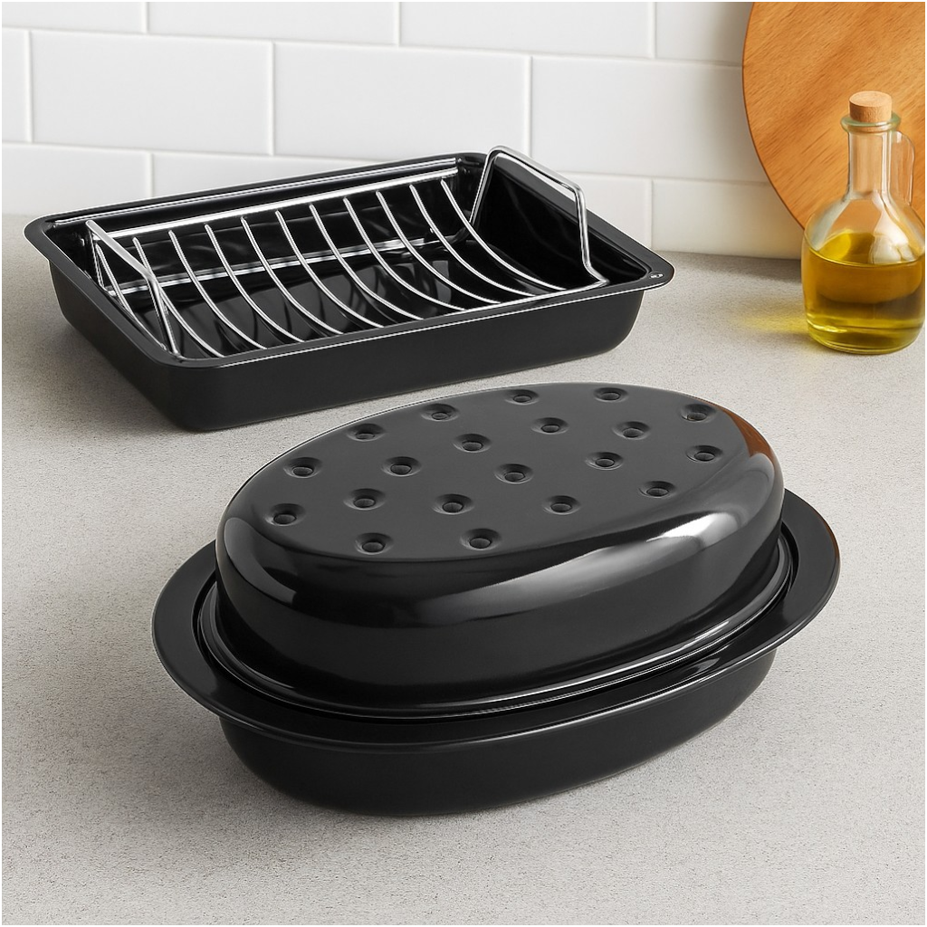 Vitreous Enamel Oval Roasting Tin with Lid & Roasting Tray with Rack (33, 37cm) - Premium Kitchen from Chabrias Ltd - Just £28.99! Shop now at Chabrias Ltd